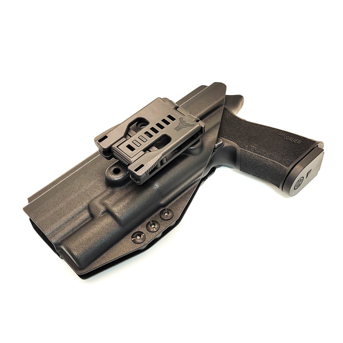 For the best OWB holster designed for the Sig Sauer 10MM P320-XTEN with the Surefire X-300UA or B & Align Tactical Thumb Rest, shop Four Brothers Holsters.