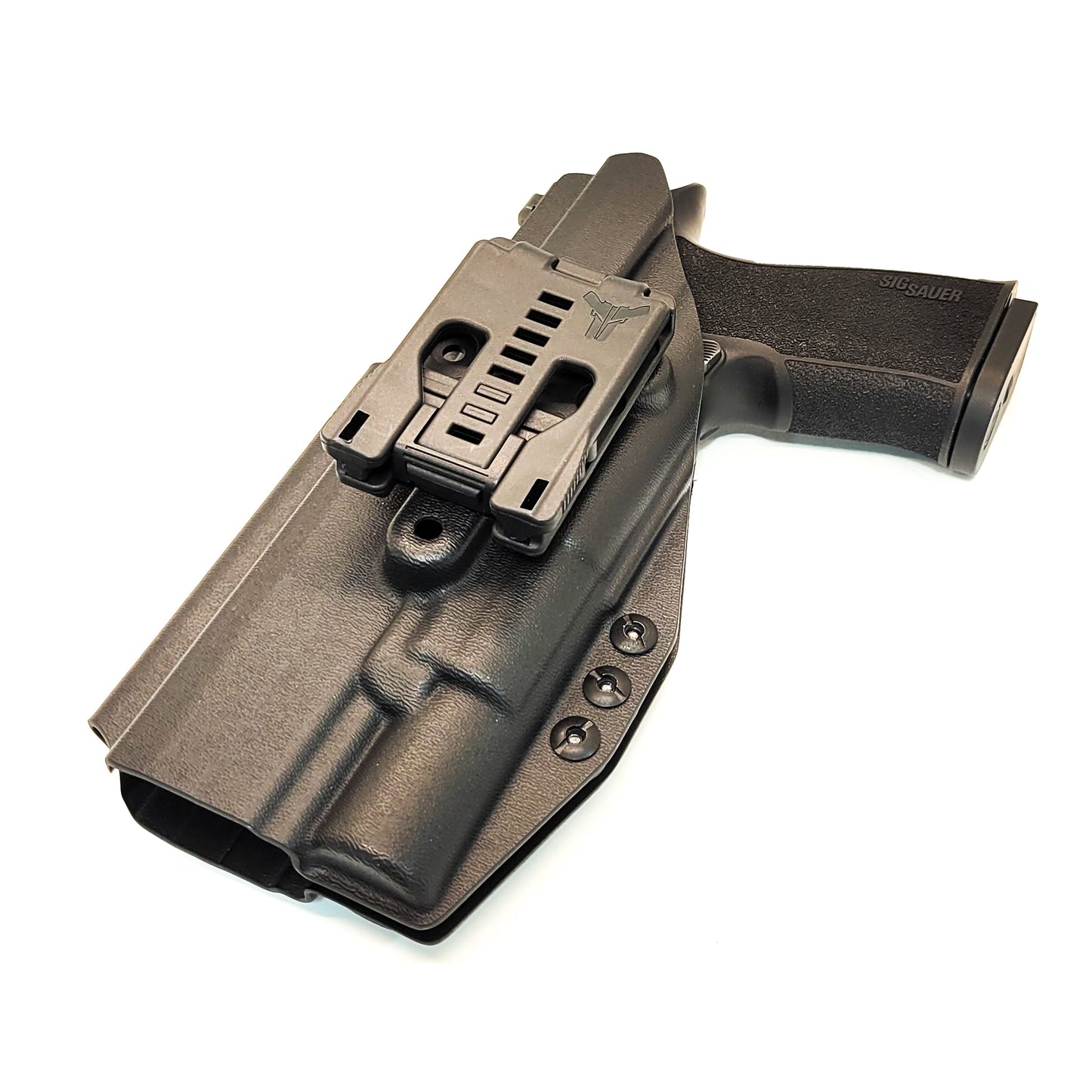 For the best OWB holster designed for the Sig Sauer 10MM P320-XTEN with the Surefire X-300UA or B & Align Tactical Thumb Rest, shop Four Brothers Holsters.