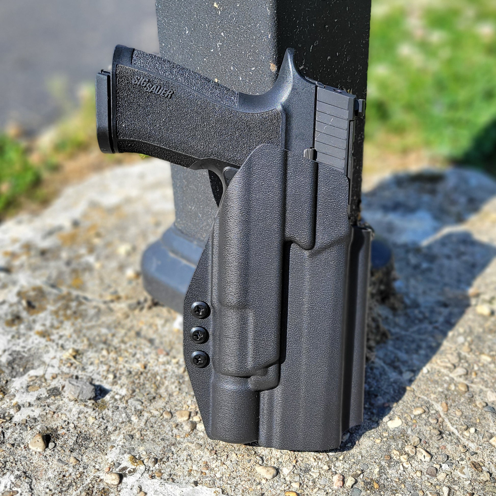 For the best OWB holster designed for the Sig Sauer 10MM P320-XTEN with the Surefire X-300UA or B & Align Tactical Thumb Rest, shop Four Brothers Holsters.