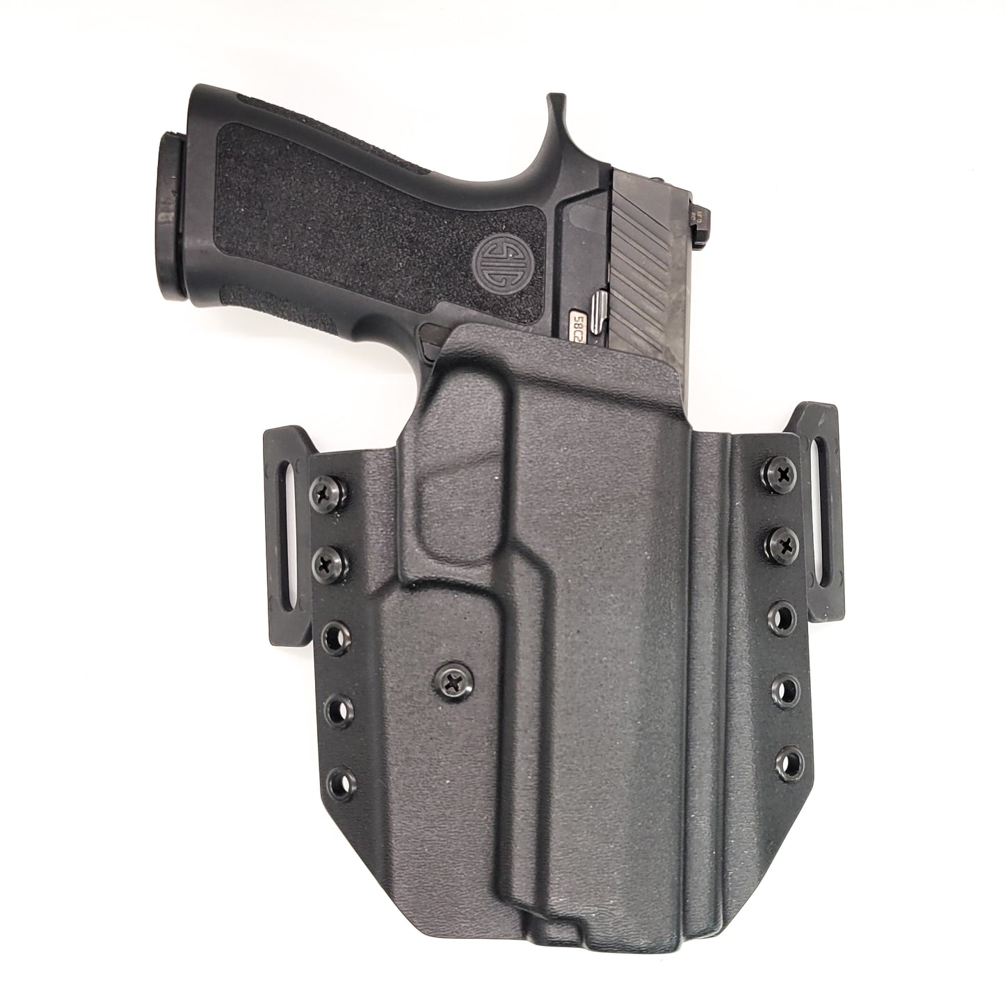 Outside Waistband Pancake Style Kydex holster for the Sig Sauer P320 from Four Brothers Holsters Adjustable retention, open muzzle, cleared for red dot sights