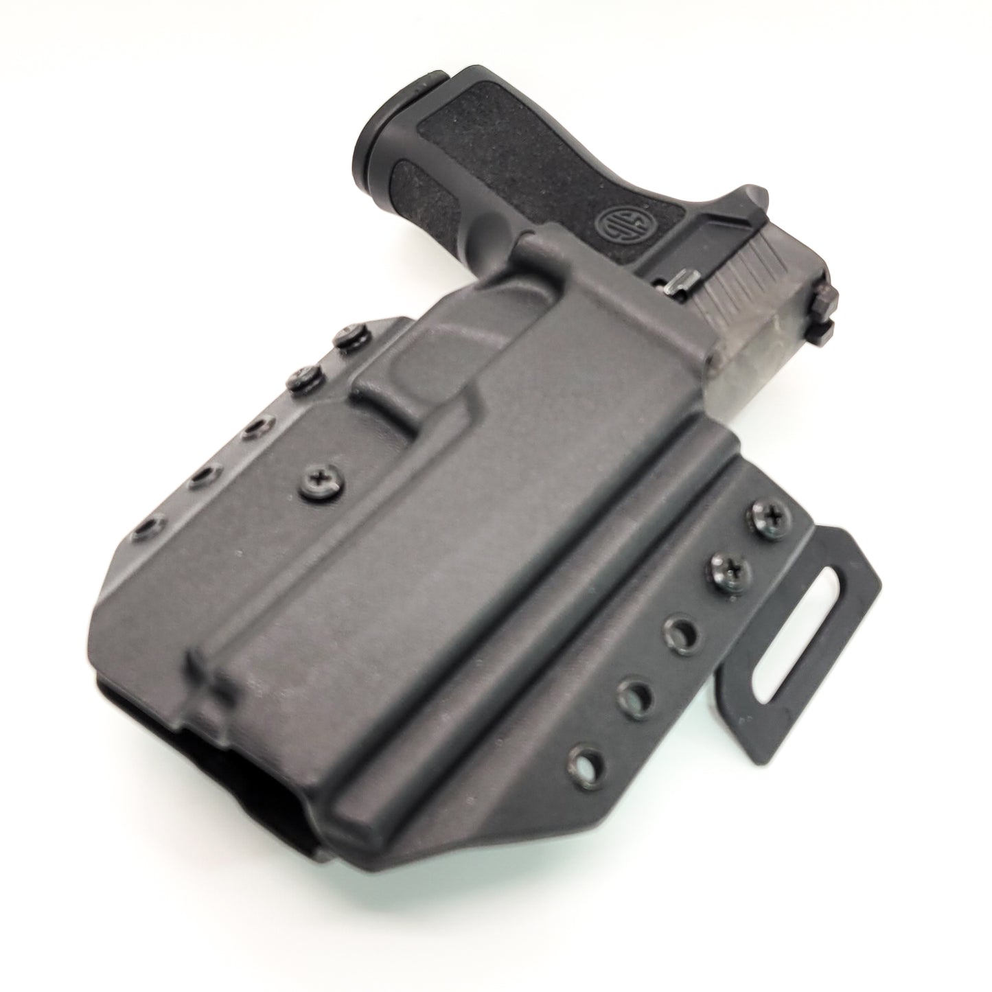 Outside Waistband Pancake Style Kydex holster for the Sig Sauer P320 from Four Brothers Holsters Adjustable retention, open muzzle, cleared for red dot sights