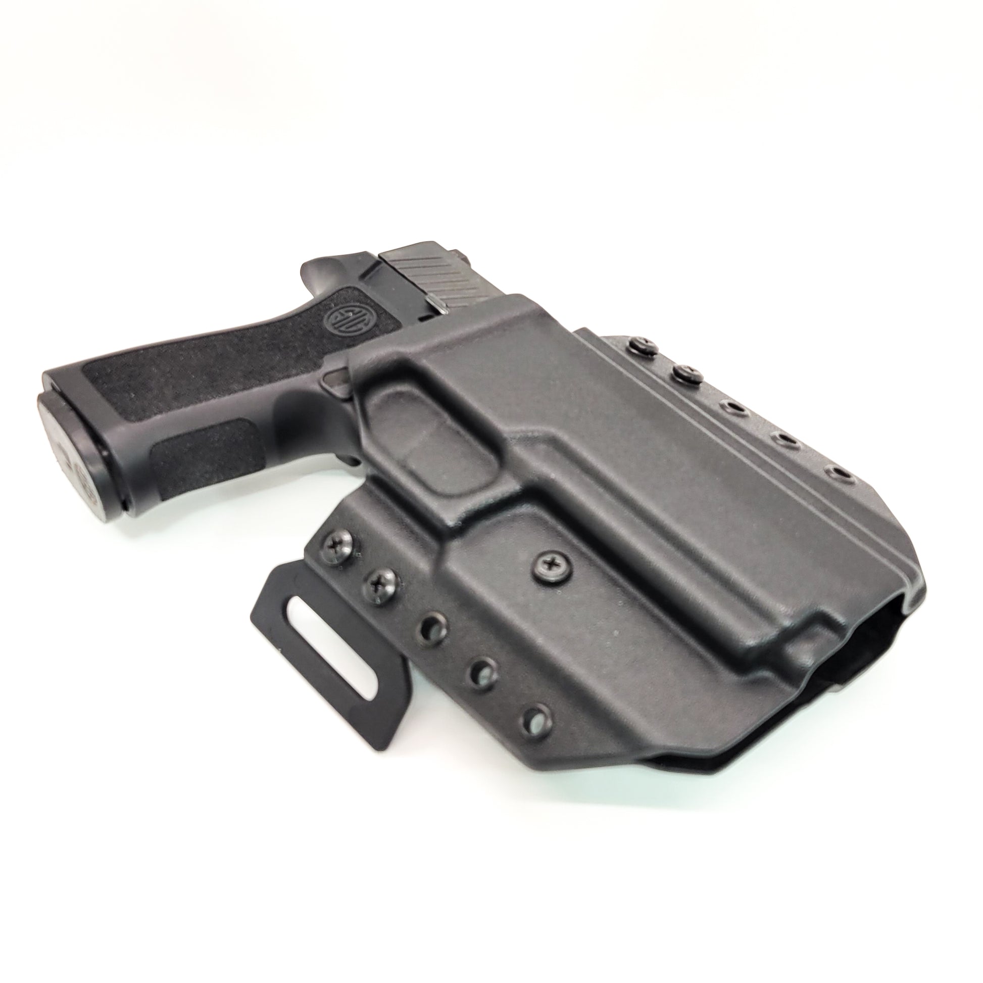 Outside Waistband Pancake Style Kydex holster for the Sig Sauer P320 from Four Brothers Holsters Adjustable retention, open muzzle, cleared for red dot sights