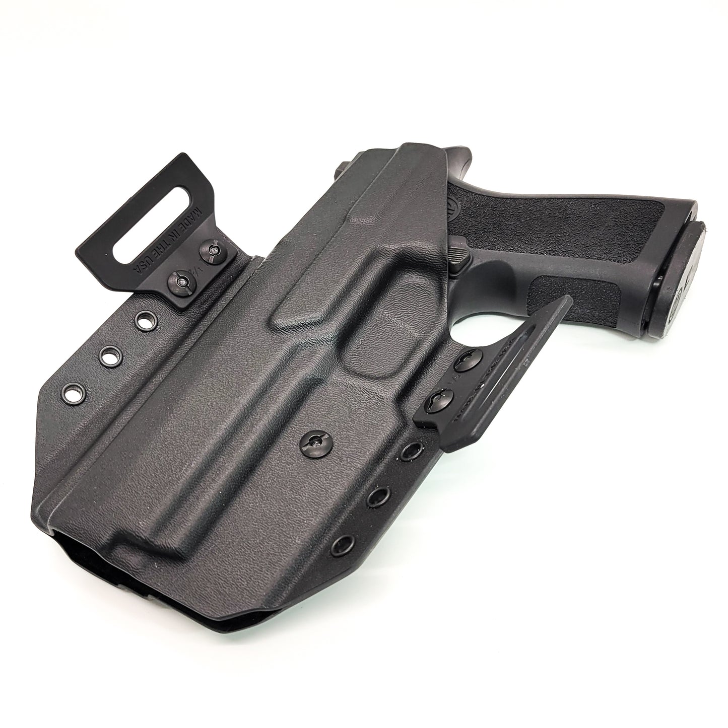 Outside Waistband Pancake Style Kydex holster for the Sig Sauer P320 from Four Brothers Holsters Adjustable retention, open muzzle, cleared for red dot sights