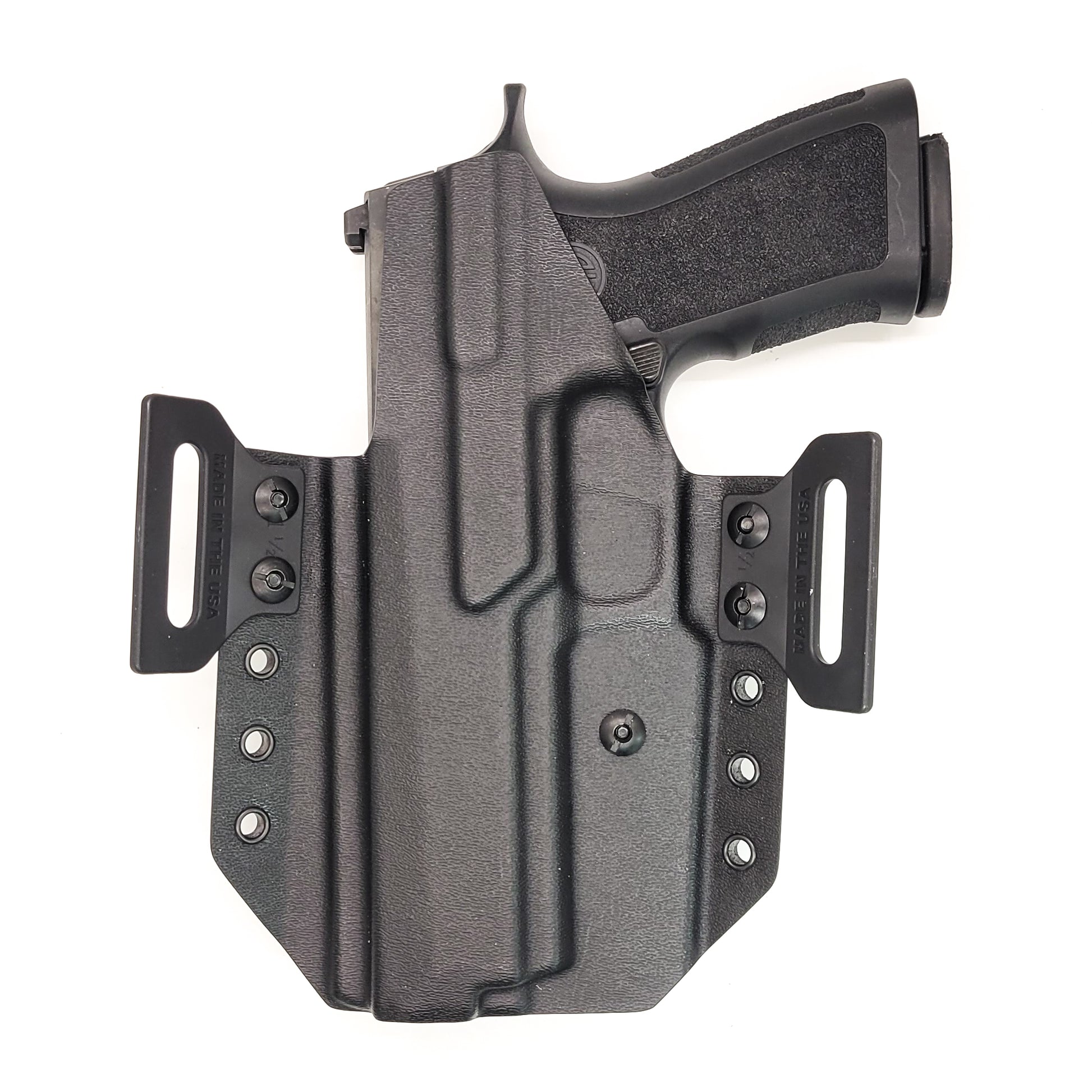 Outside Waistband Pancake Style Kydex holster for the Sig Sauer P320 from Four Brothers Holsters Adjustable retention, open muzzle, cleared for red dot sights