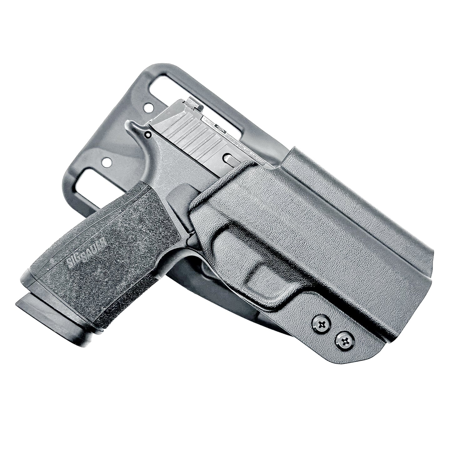 Black OWB light duty and competition holster for Sig Sauer P365-XMACRO. Red dot ready, threaded barrel compatible.