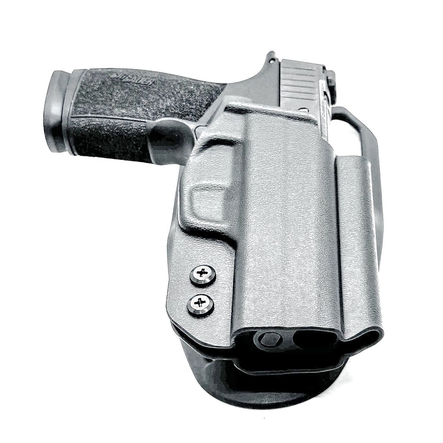 Black OWB light duty and competition holster for Sig Sauer P365-XMACRO. Red dot ready, threaded barrel compatible.
