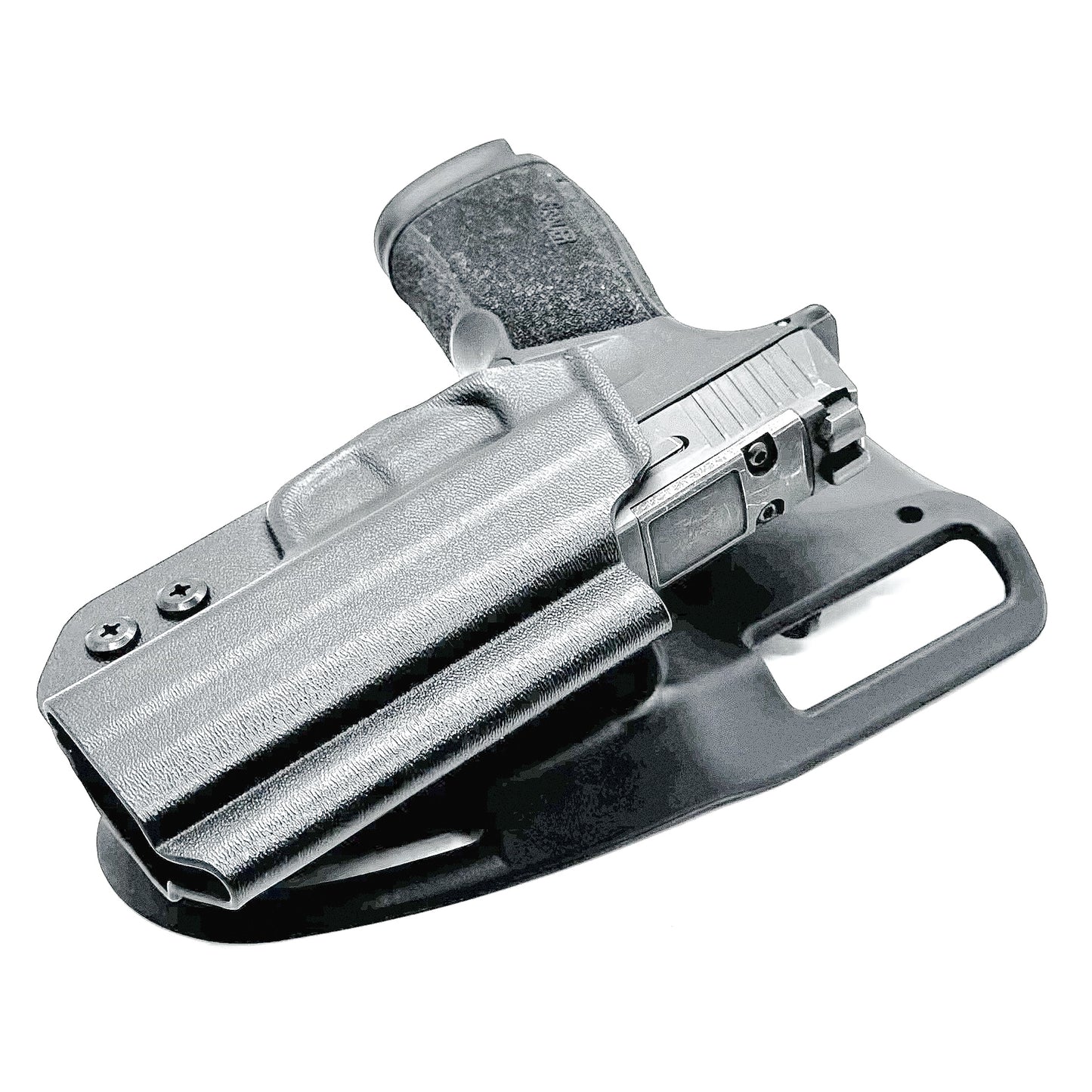 Black OWB light duty and competition holster for Sig Sauer P365-XMACRO. Red dot ready, threaded barrel compatible.