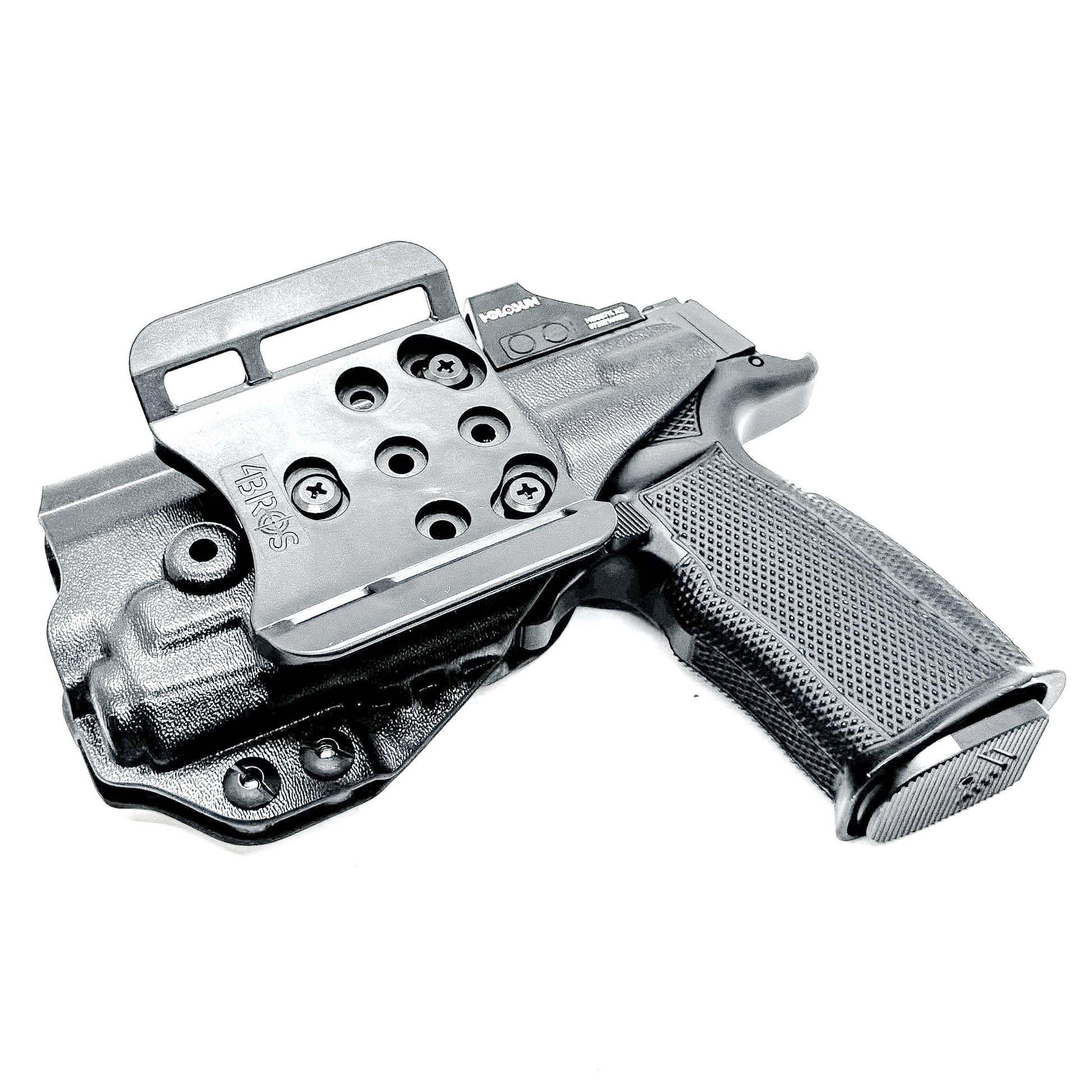 Black OWB holster for the Sig Sauer P365-XMACRO & Icarus Precision A.C.E. Module & TLR-7 XA with 4BROS 1.5" Belt Slide.