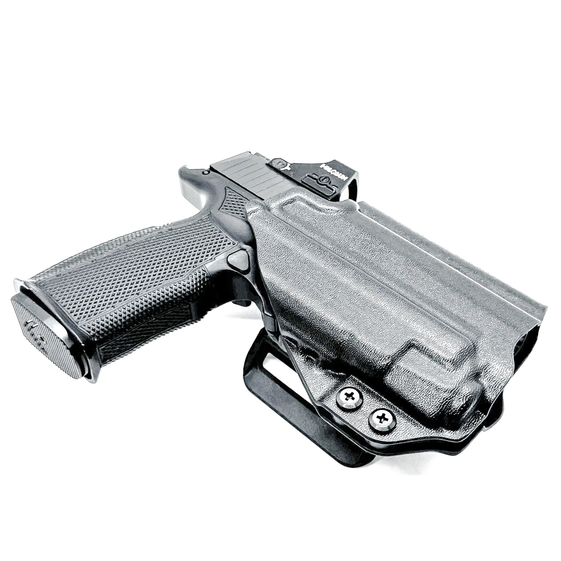 Black OWB holster for the Sig Sauer P365-XMACRO & Icarus Precision A.C.E. Module & TLR-7 XA with 4BROS 1.5" Belt Slide.