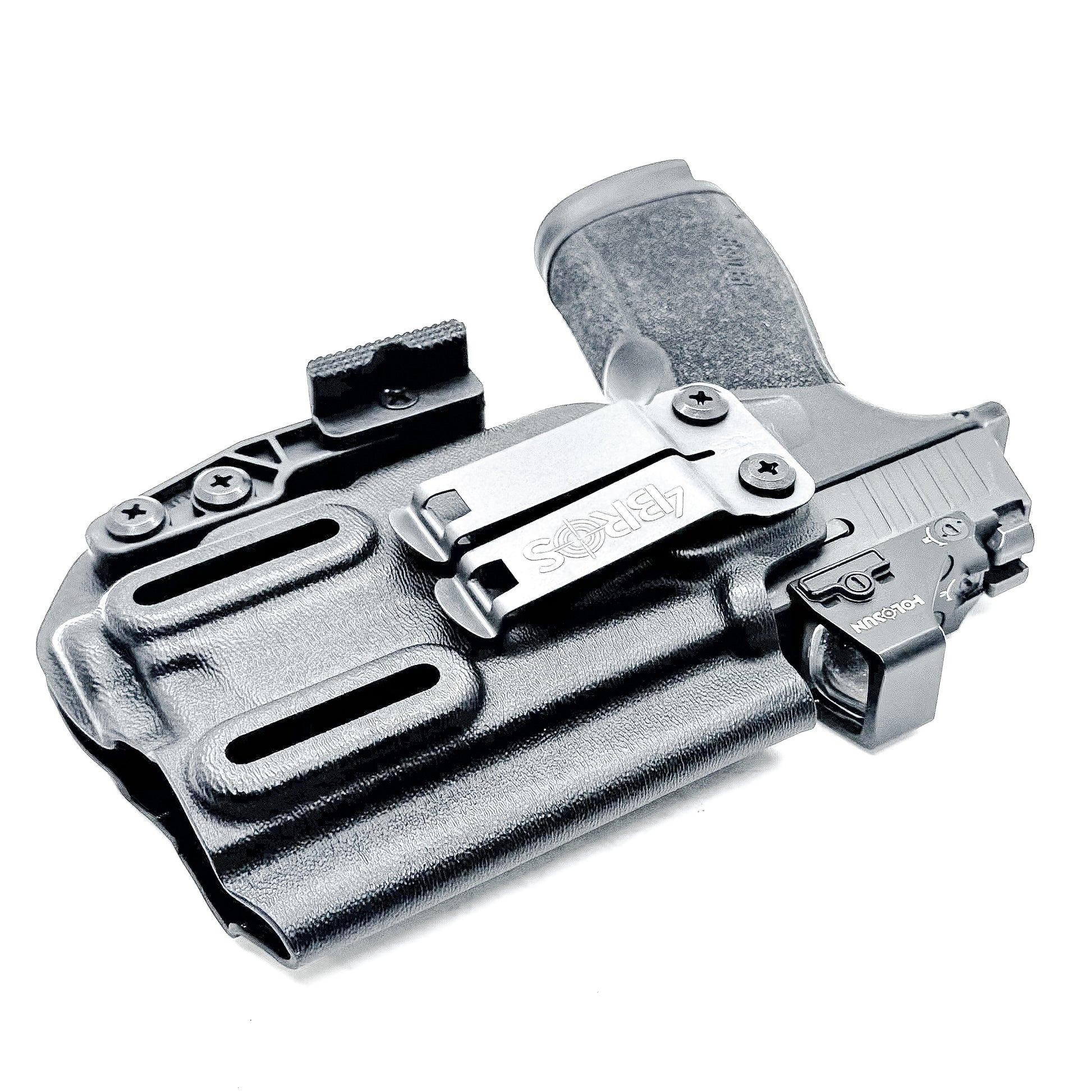 Black IWB holster for the Sig P365-XMACRO TACOPS & TLR-7 Sub Light with DCC Monoblock and Modwing.