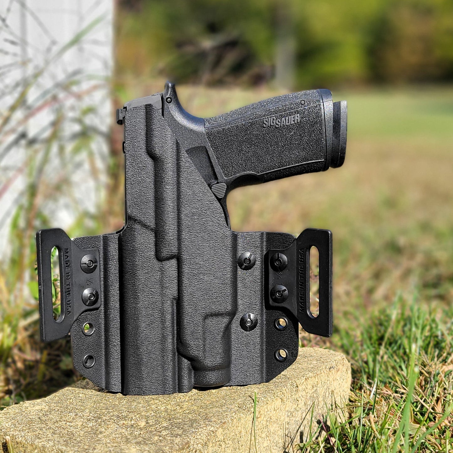 OWB Kydex holster for Sig Sauer P365-XMACRO TACOPS & TLR-7 Sub. Pancake holster, adjustable retention, open muzzle, optic/red dot ready. Made in USA.