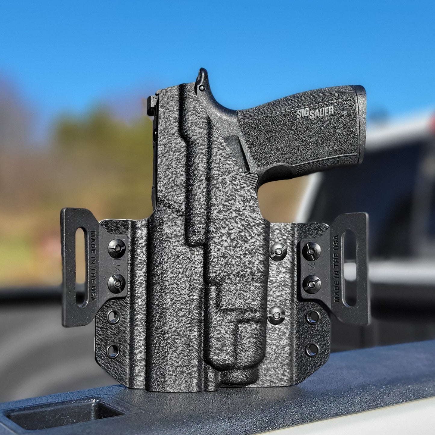 OWB Kydex holster for Sig Sauer P365-XMACRO TACOPS & TLR-7 X or TLR-7 A. Pancake holster, adjustable retention, open muzzle, optic/red dot ready. Made in USA.