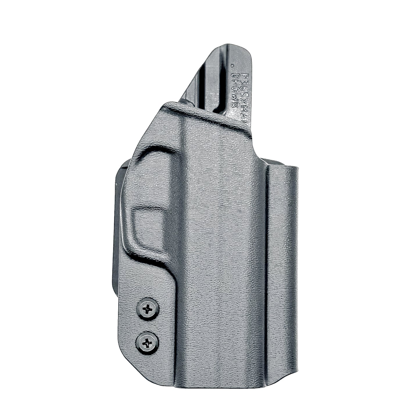 Black Sig Sauer P365-XMACRO Tacops Outside Waistband holster with 4BROS 1.5" Belt Slide.