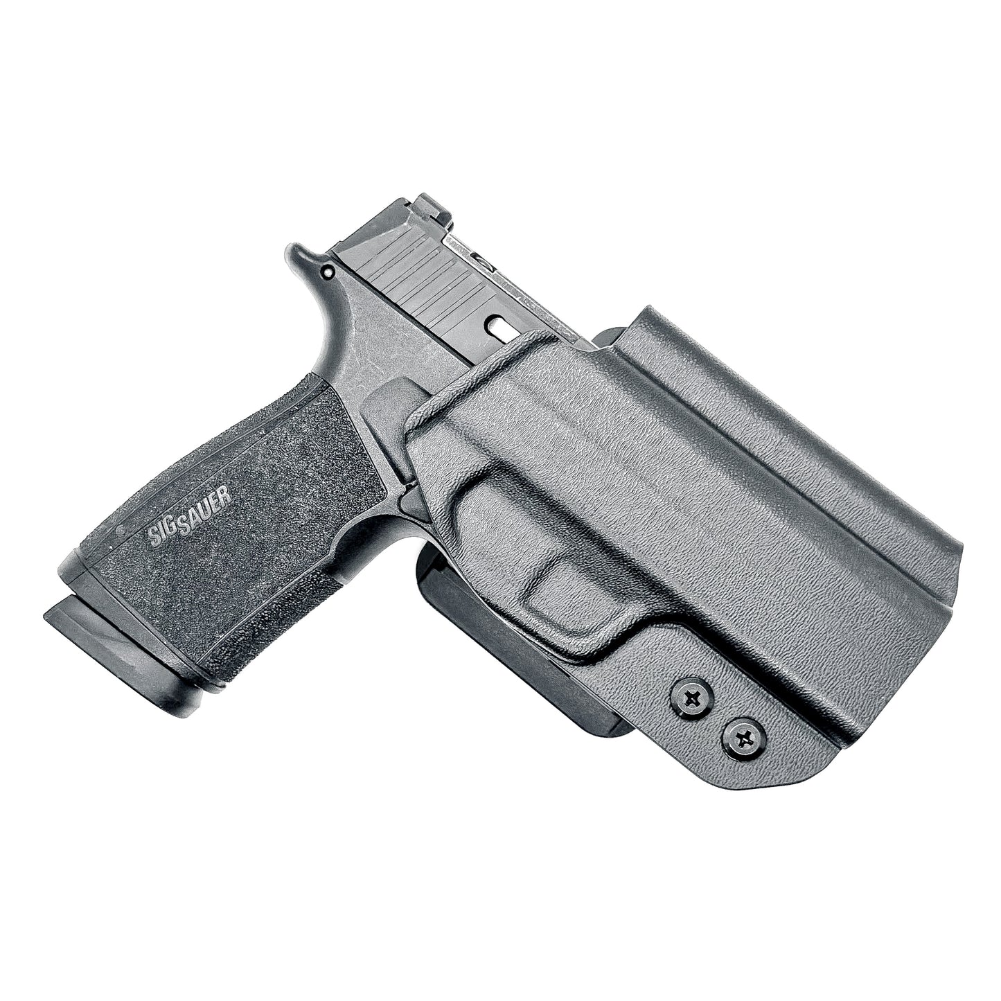 Black Sig Sauer P365-XMACRO Tacops Outside Waistband holster with 4BROS 1.5" Belt Slide.