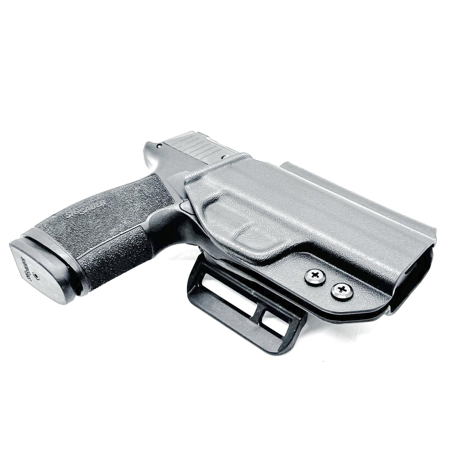 Black Sig Sauer P365-XMACRO Tacops Outside Waistband holster with 4BROS 1.5" Belt Slide.