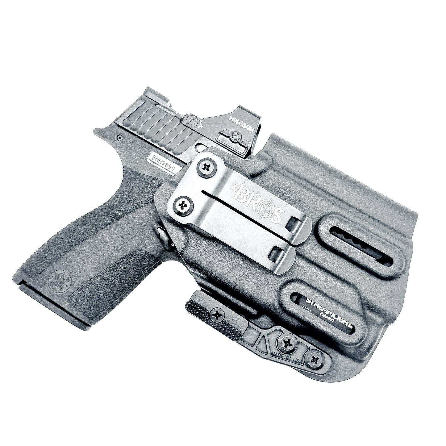 Black Kydex IWB holster for Smith & Wesson M&P Shield X and Streamlight 1913 TLR-7 Sub with a Monoblock and Modwing
