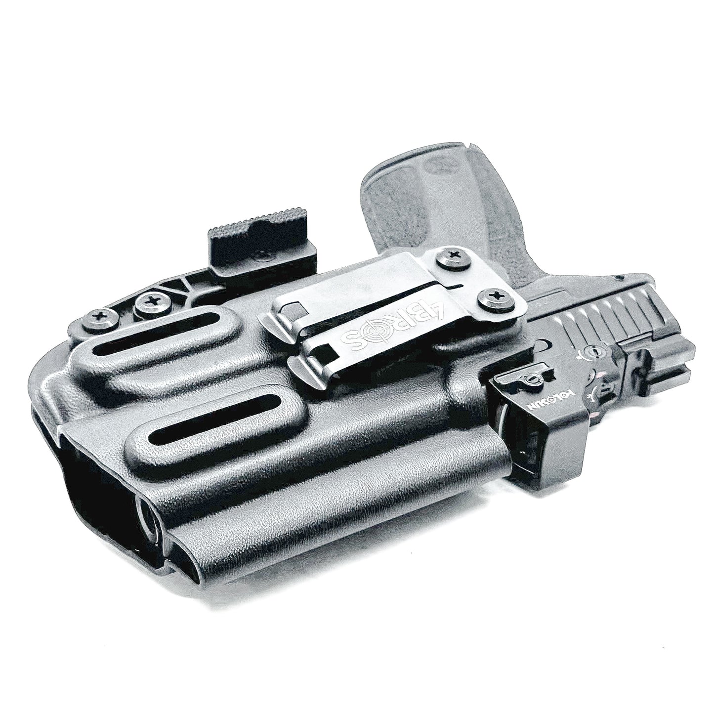Black Kydex IWB holster for Smith & Wesson M&P Shield X and Streamlight 1913 TLR-7 Sub with a Monoblock and Modwing