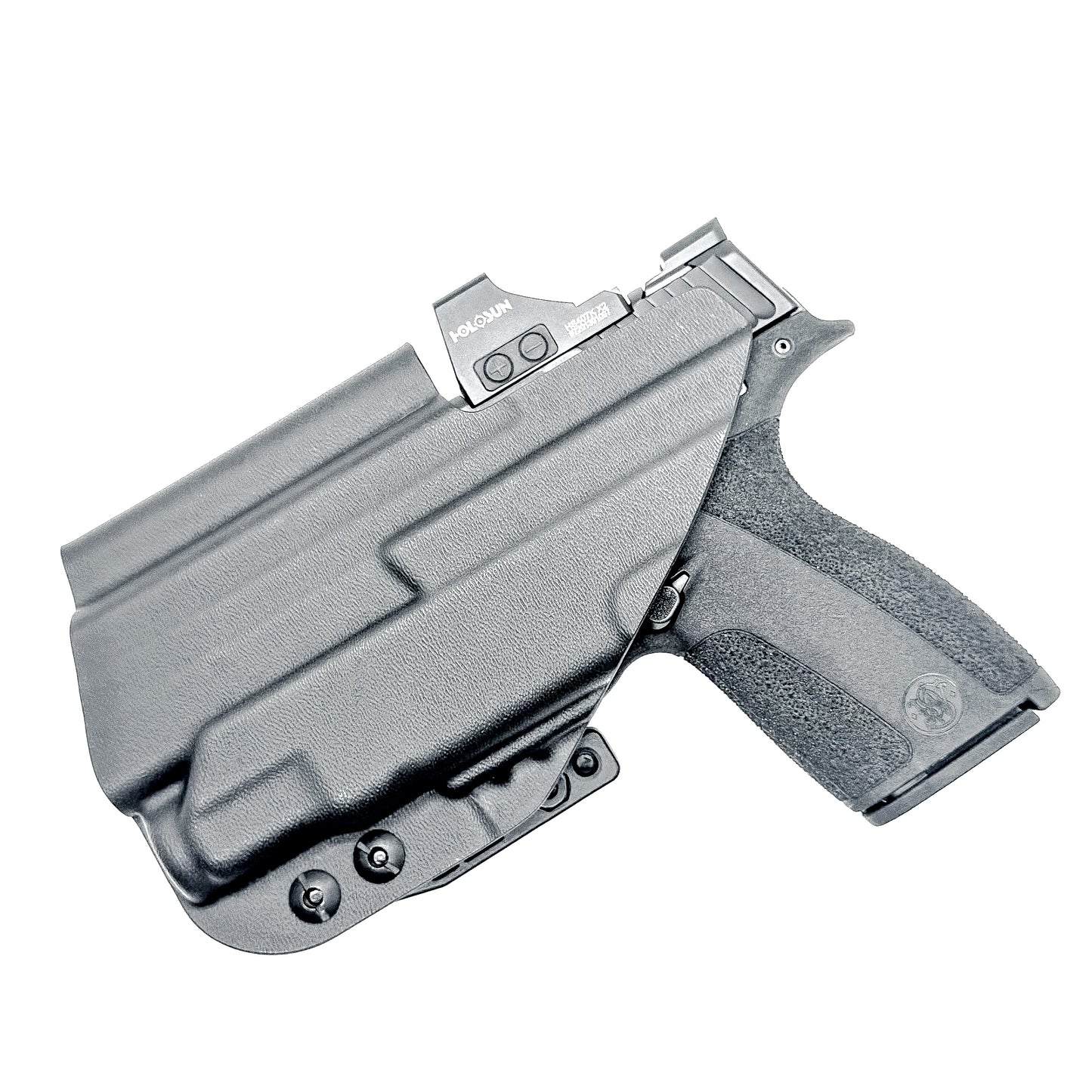 Black Kydex IWB holster for Smith & Wesson M&P Shield X and Streamlight 1913 TLR-7 Sub with a Monoblock and Modwing