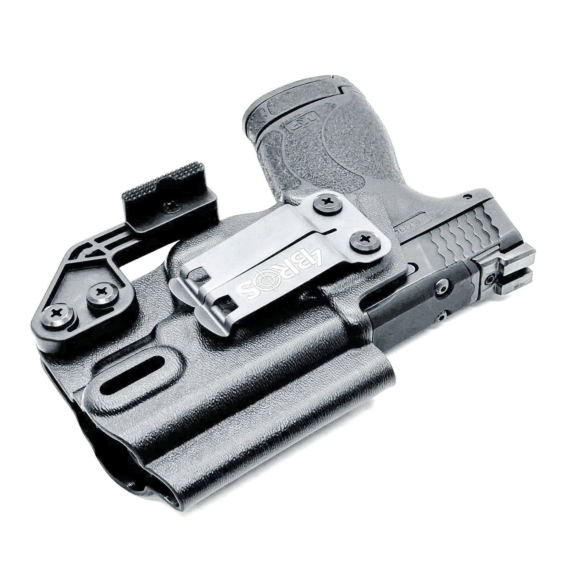 Black Inside Waistband IWB holster for Smith & Wesson Shield & Shield Plus. Red dot ready, Modwing compatible, adjustable retention, & made in the USA