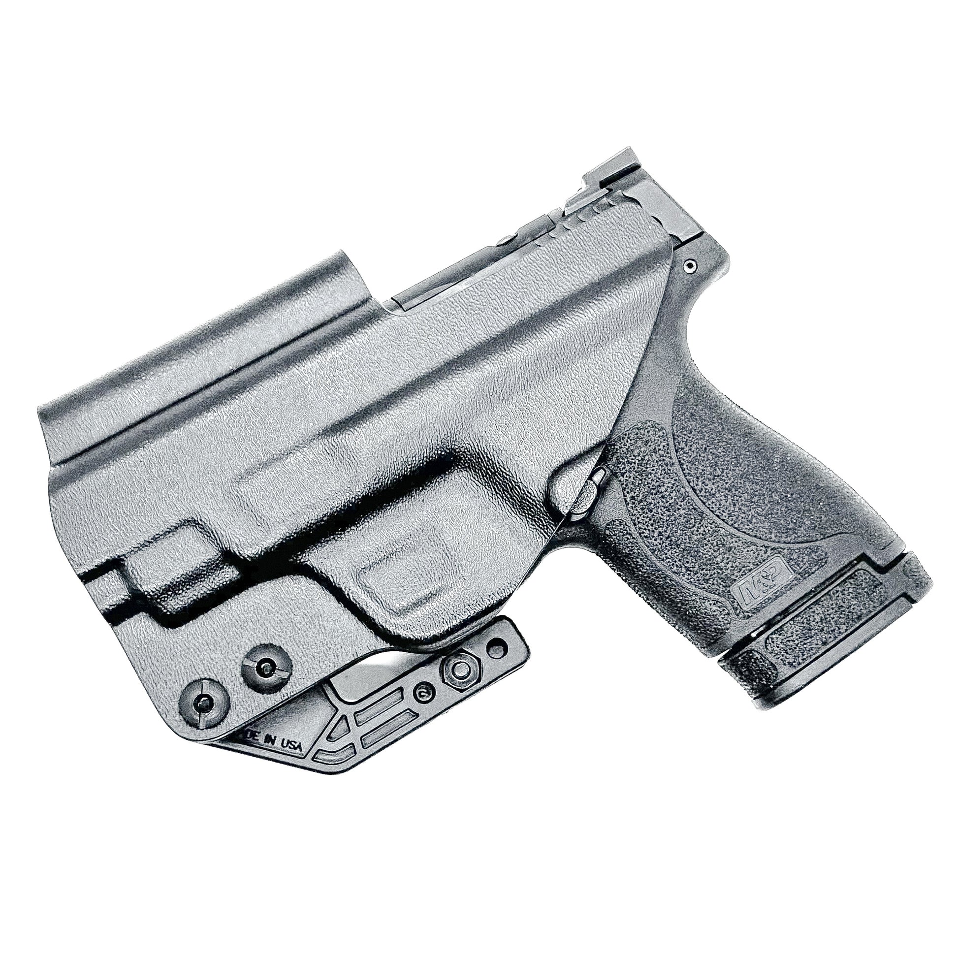 Black Inside Waistband IWB holster for Smith & Wesson Shield & Shield Plus. Red dot ready, Modwing compatible, adjustable retention, & made in the USA