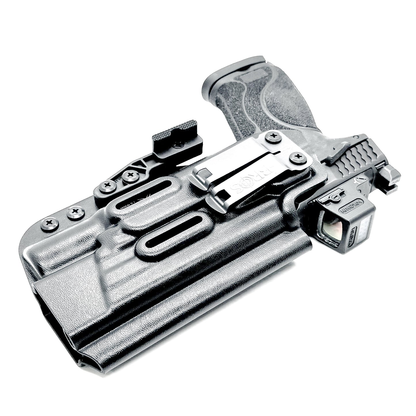 Black Inside Waistband Holster with a monoblock and a modwing for the Smith & Wesson M&P 5.6 10MM M2.0 & X300U light.