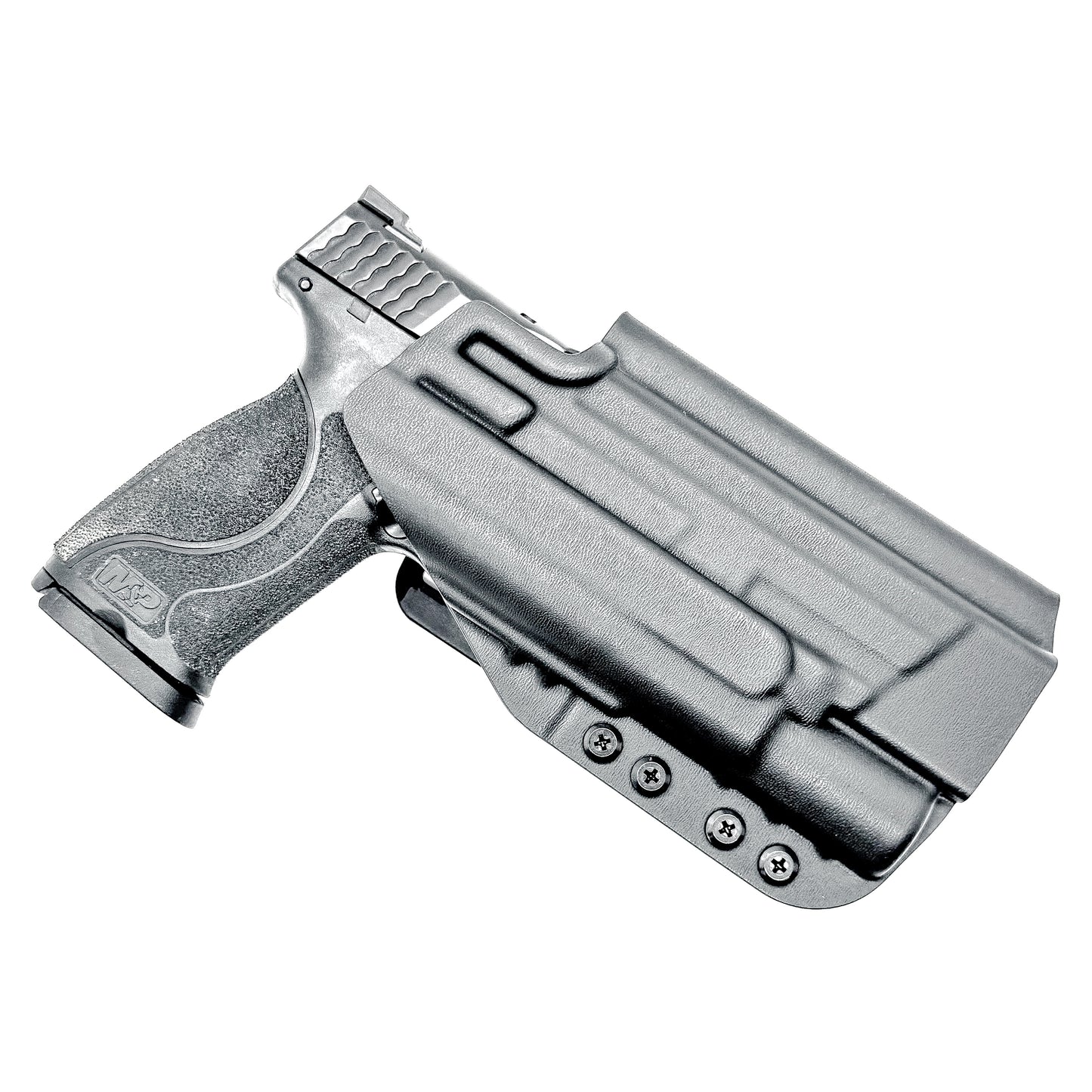 Black Outside Waistband Holster for the Smith & Wesson M&P M2.0 9mm 5" pistol with the Surefire X300U shown with a 4BROS 1.5" Belt Slide.