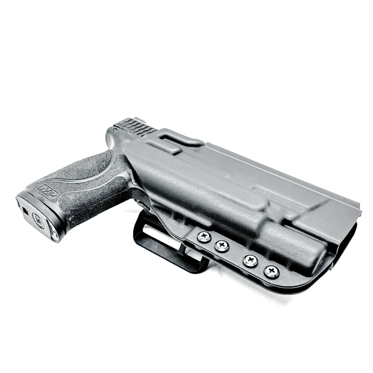 Black Outside Waistband Holster for the Smith & Wesson M&P M2.0 9mm 5" pistol with the Surefire X300U shown with a 4BROS 1.5" Belt Slide.