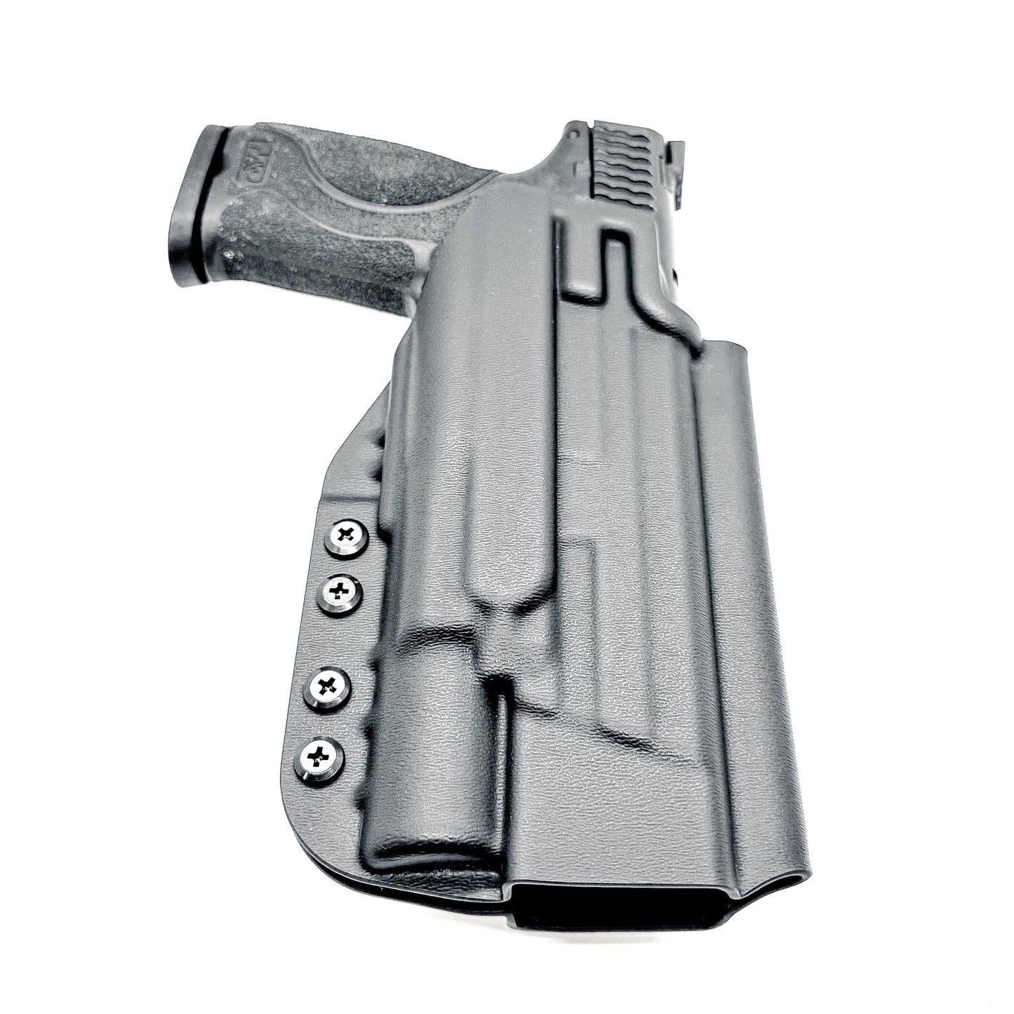 Black Outside Waistband Holster for the Smith & Wesson M&P M2.0 9mm 5" pistol with the Surefire X300U shown with a 4BROS 1.5" Belt Slide.