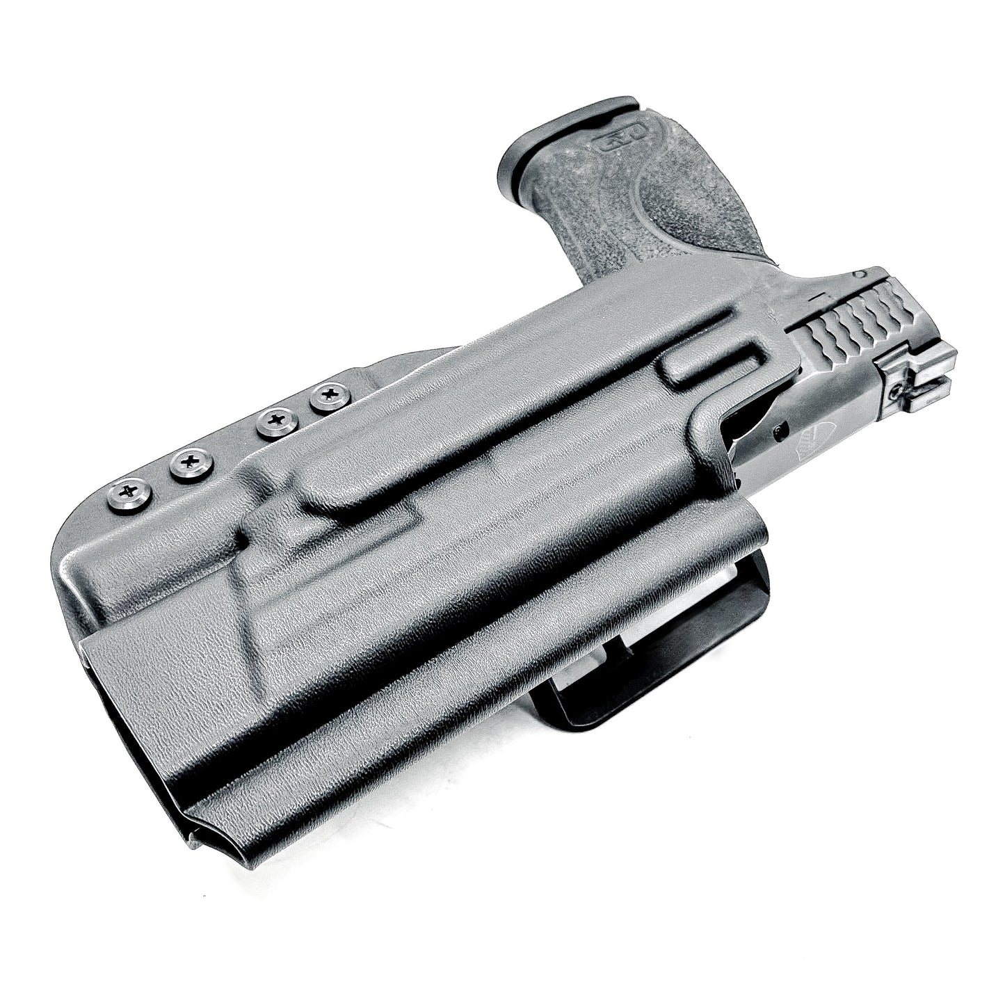 Black Outside Waistband Holster for the Smith & Wesson M&P M2.0 9mm 5" pistol with the Surefire X300U shown with a 4BROS 1.5" Belt Slide.