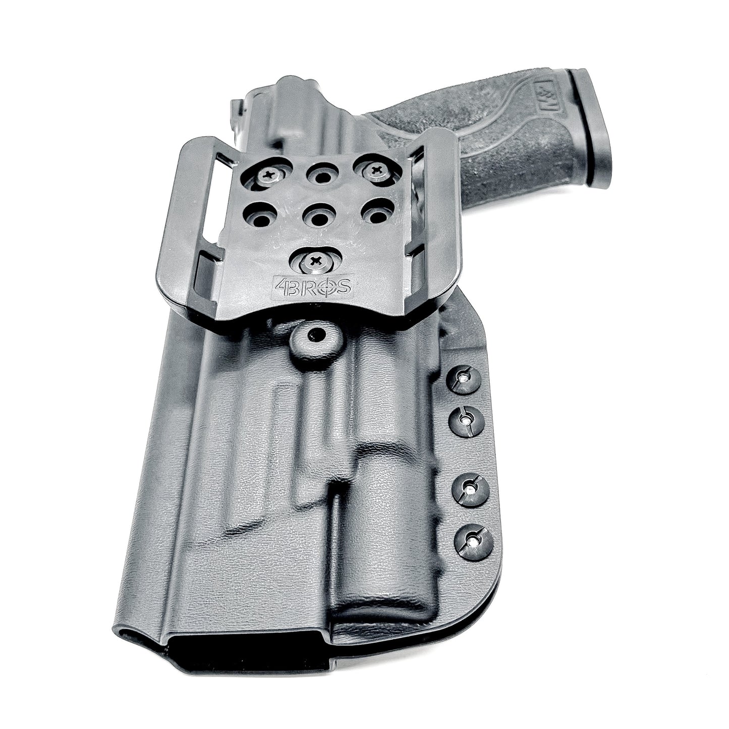 Black Outside Waistband Holster for the Smith & Wesson M&P M2.0 9mm 5" pistol with the Surefire X300U shown with a 4BROS 1.5" Belt Slide.