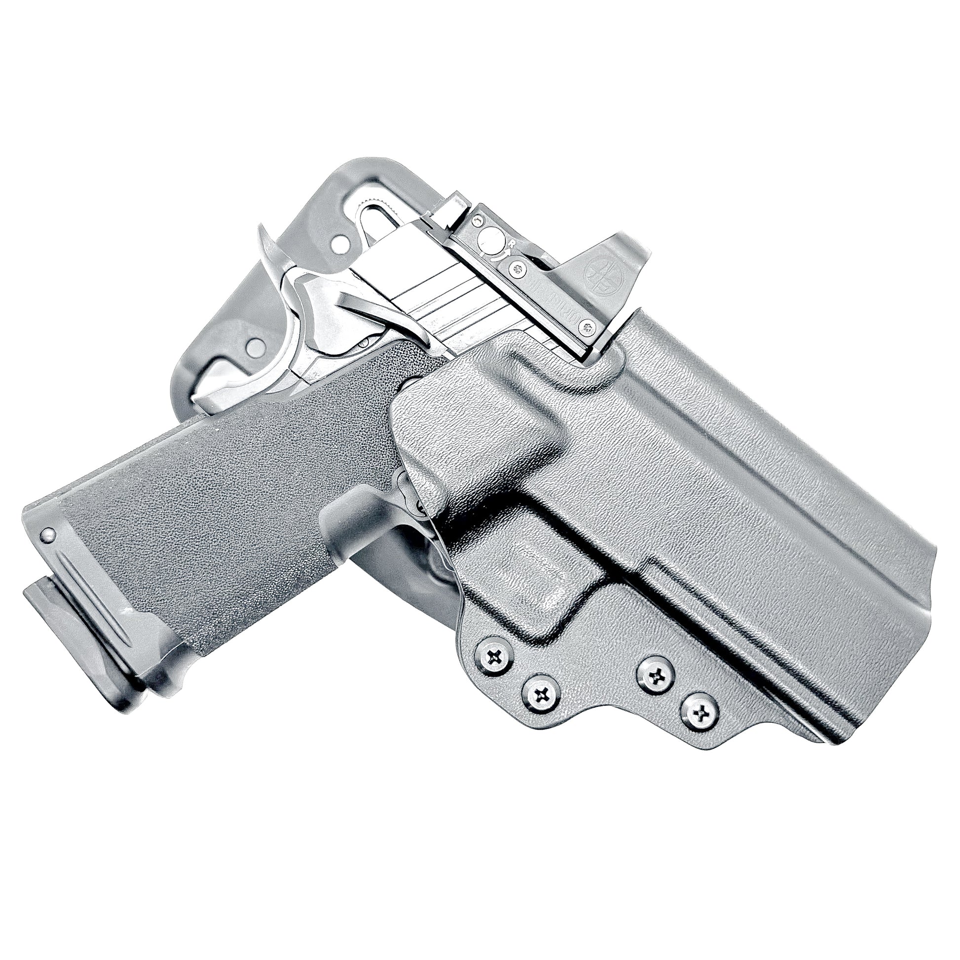 Black OWB competition-style holster for Springfield 1911 DS Prodigy 4.25" & 3.5". Red dot & suppressor sight compatible, open muzzle, adjustable cant. Made in the USA