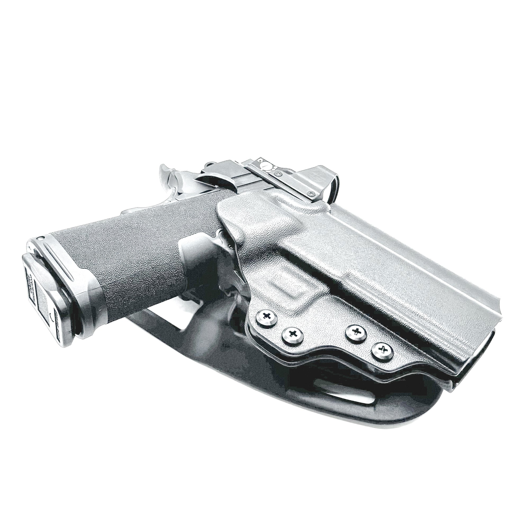 Black OWB competition-style holster for Springfield 1911 DS Prodigy 4.25" & 3.5". Red dot & suppressor sight compatible, open muzzle, adjustable cant. Made in the USA