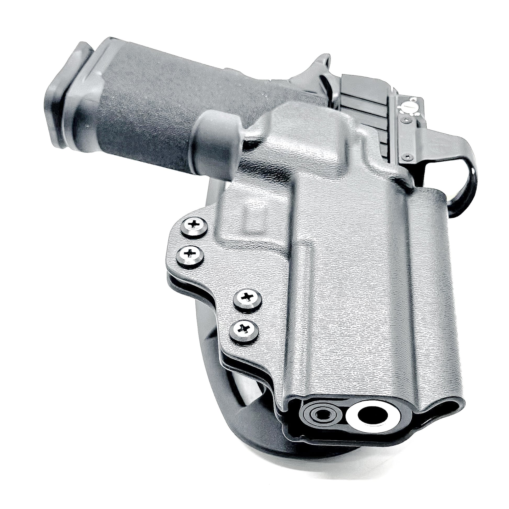 Black OWB competition-style holster for Springfield 1911 DS Prodigy 4.25" & 3.5". Red dot & suppressor sight compatible, open muzzle, adjustable cant. Made in the USA