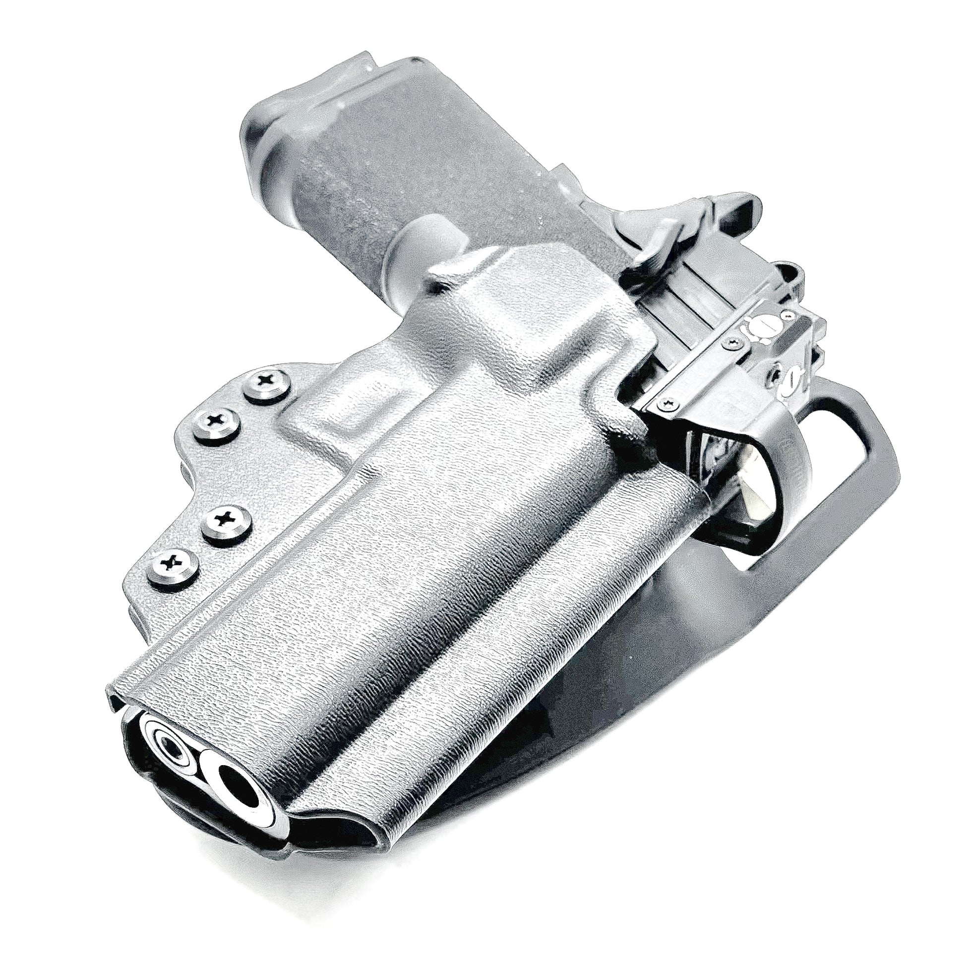 Black OWB competition-style holster for Springfield 1911 DS Prodigy 4.25" & 3.5". Red dot & suppressor sight compatible, open muzzle, adjustable cant. Made in the USA