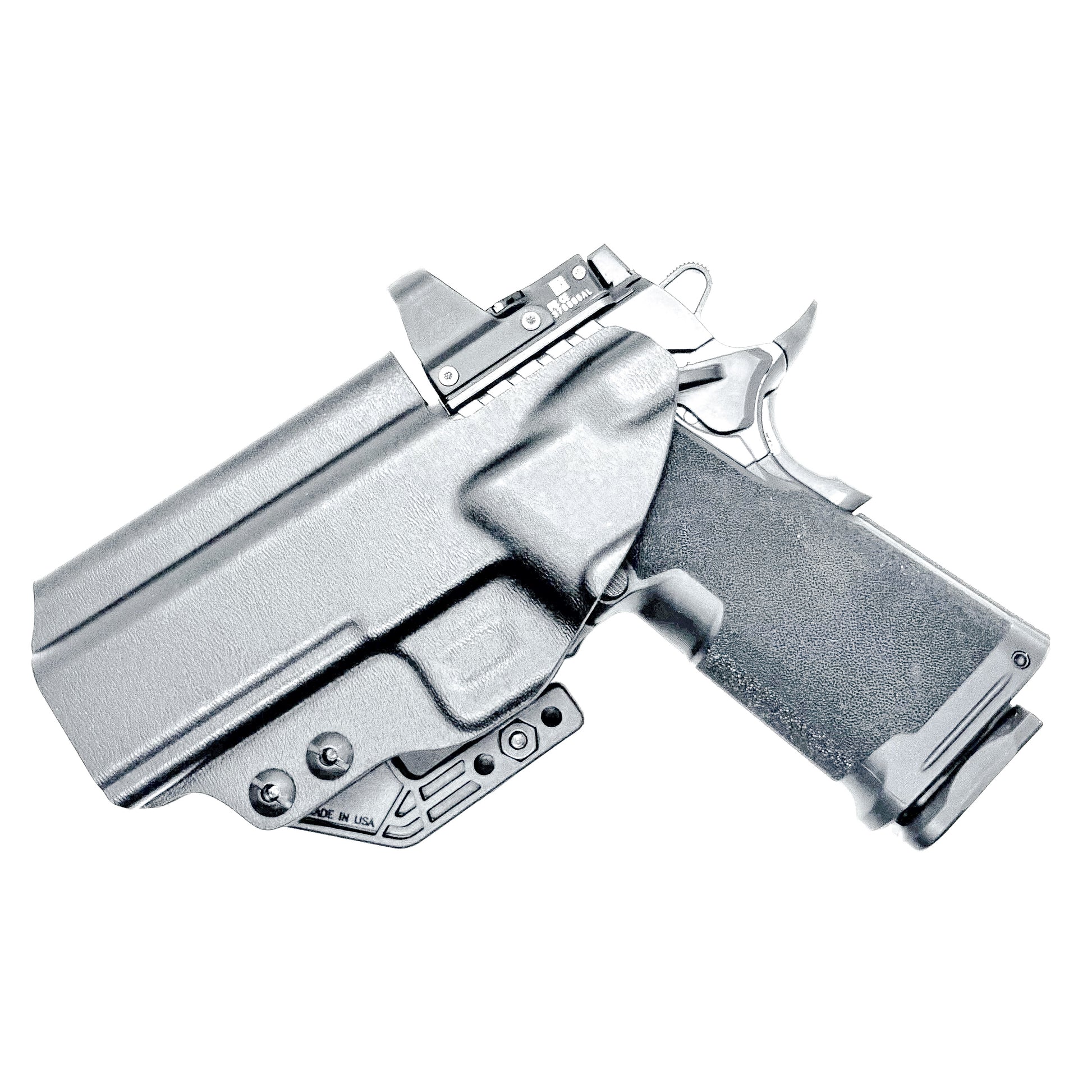 Black Inside Waistband Kydex holster for Springfield Armory 1911 DS Prodigy 4.25" and 3.5". Red dot ready, adjustable retention, Modwing compatible. Made in the USA.