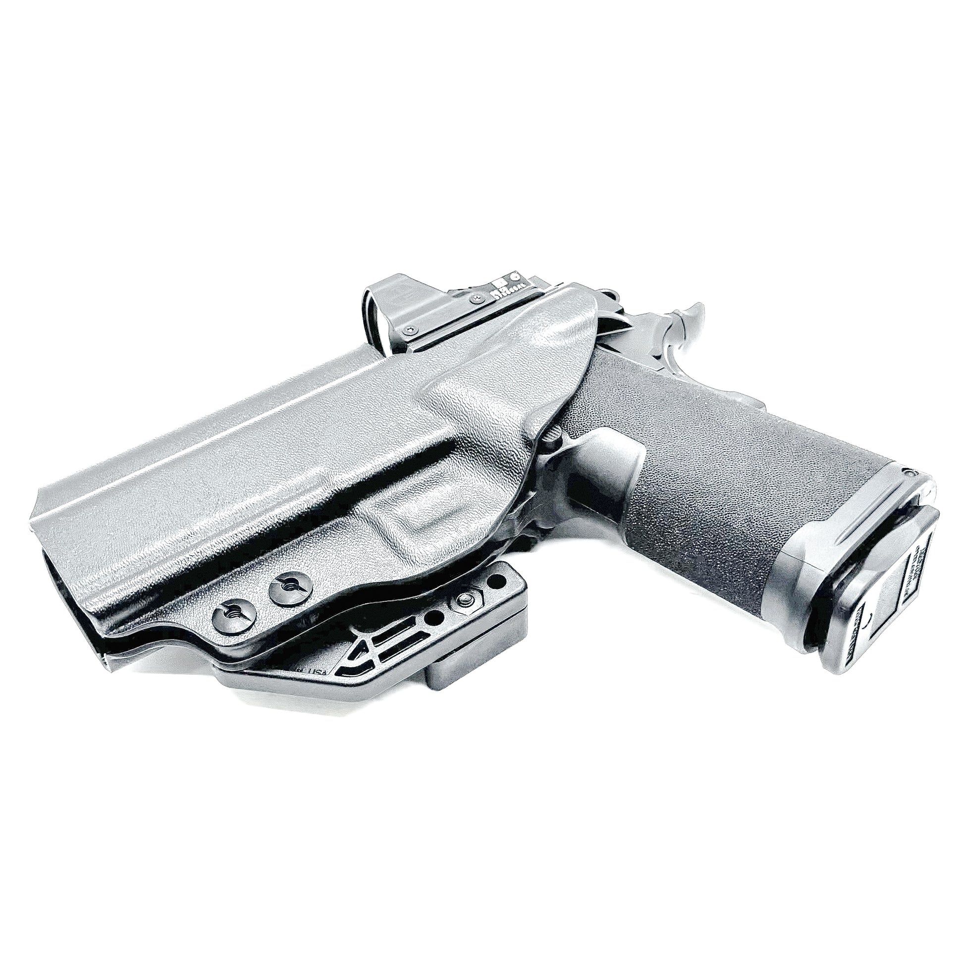 Black Inside Waistband Kydex holster for Springfield Armory 1911 DS Prodigy 4.25" and 3.5". Red dot ready, adjustable retention, Modwing compatible. Made in the USA.