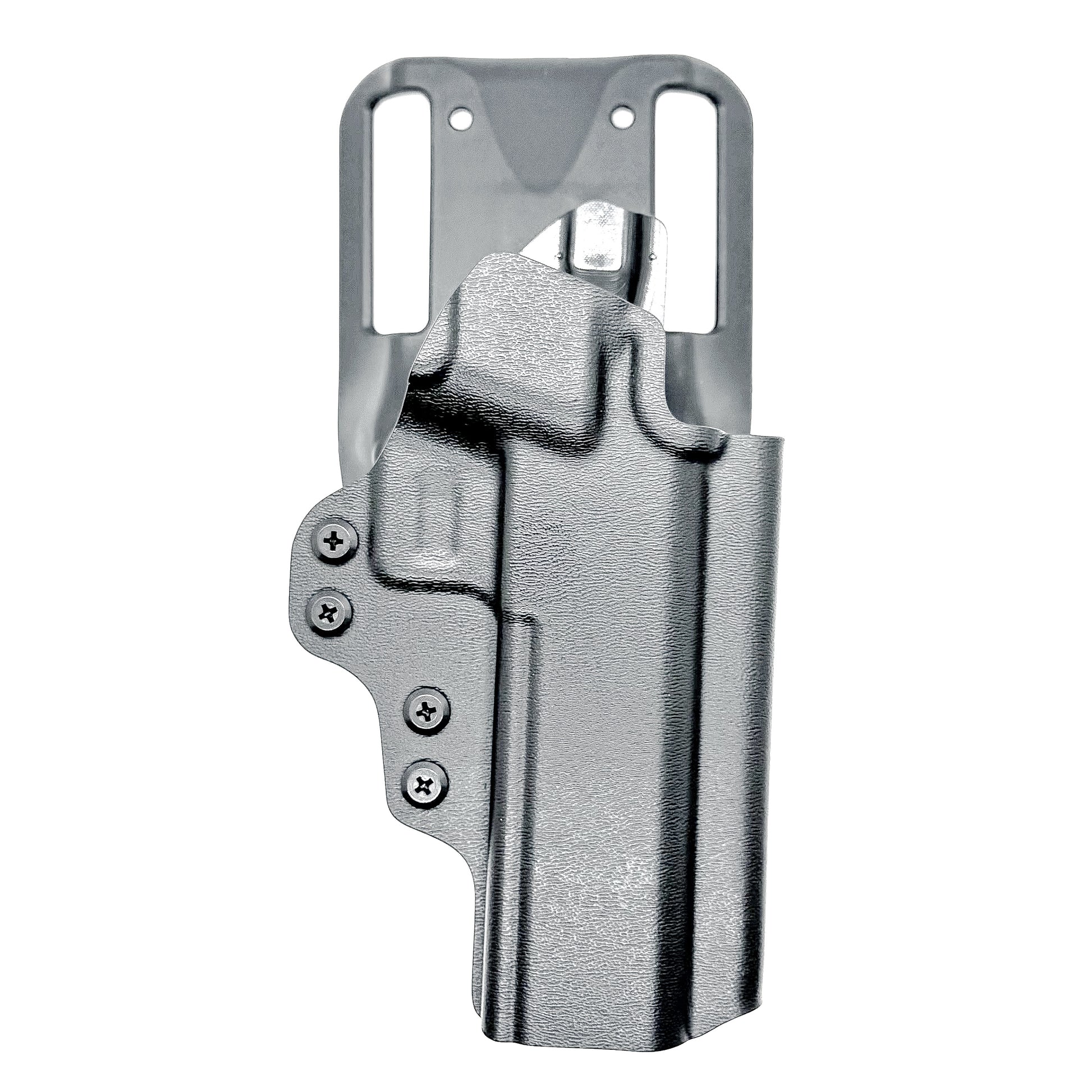 Black OWB competition-style holster for Springfield 1911 DS Prodigy 4.25" & 5". Red dot and suppressor sight compatible, open muzzle, adjustable cant. Made in the USA.