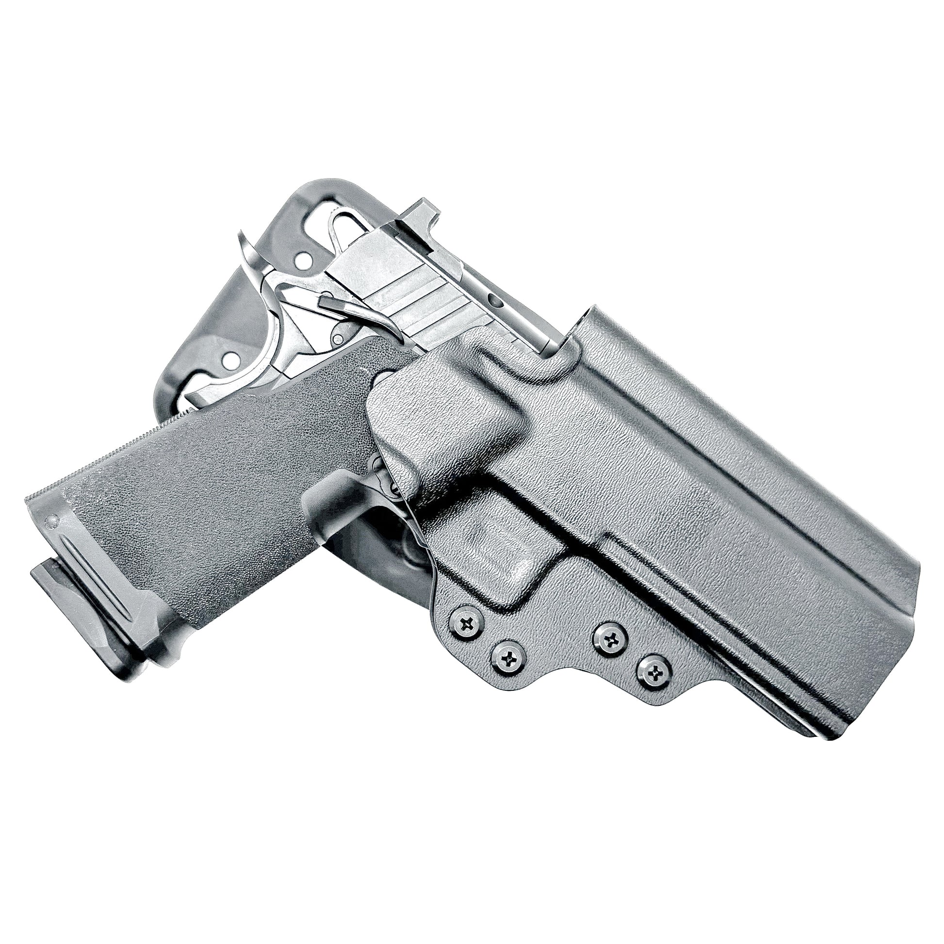 Black OWB competition-style holster for Springfield 1911 DS Prodigy 4.25" & 5". Red dot and suppressor sight compatible, open muzzle, adjustable cant. Made in the USA.