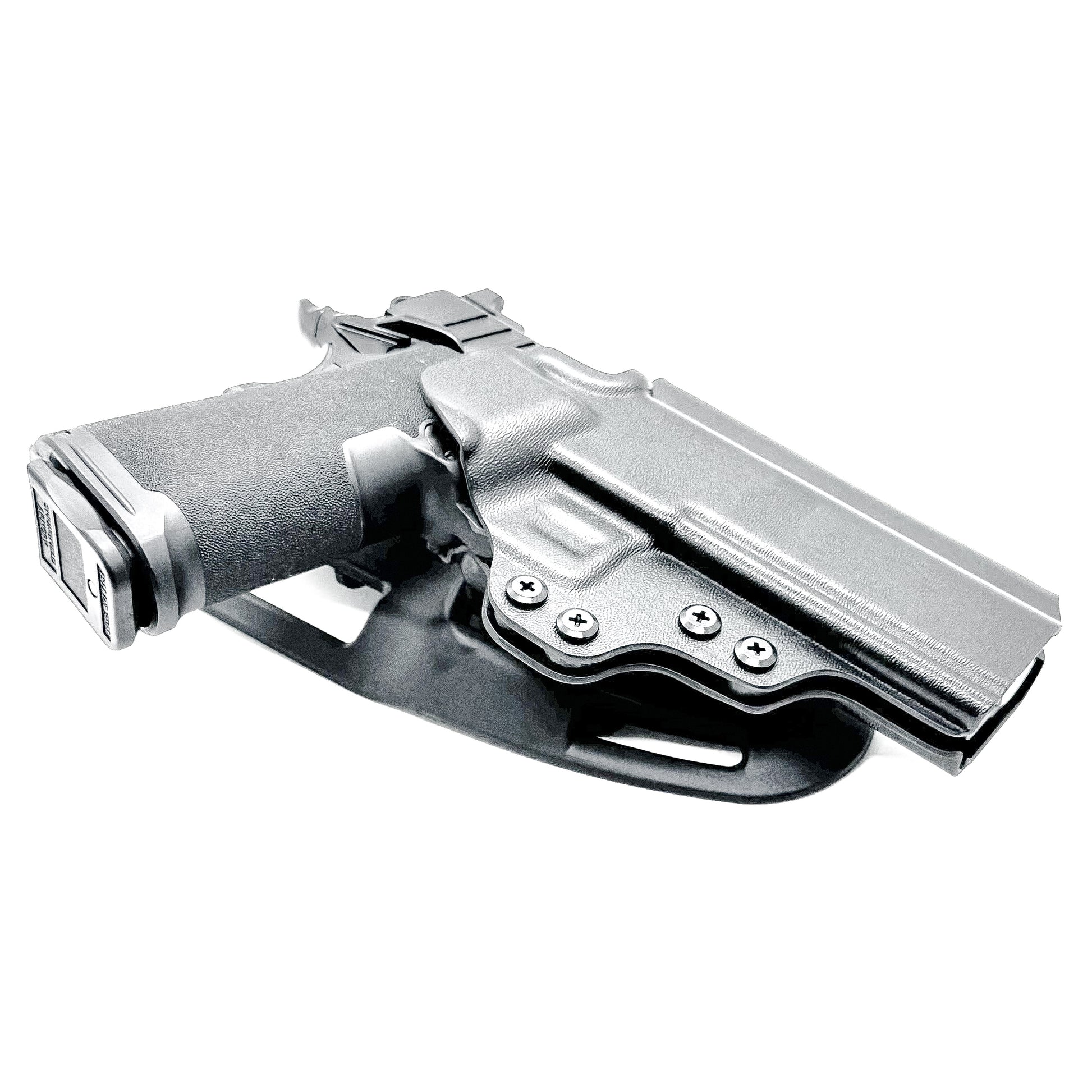 Black OWB competition-style holster for Springfield 1911 DS Prodigy 4.25" & 5". Red dot and suppressor sight compatible, open muzzle, adjustable cant. Made in the USA.