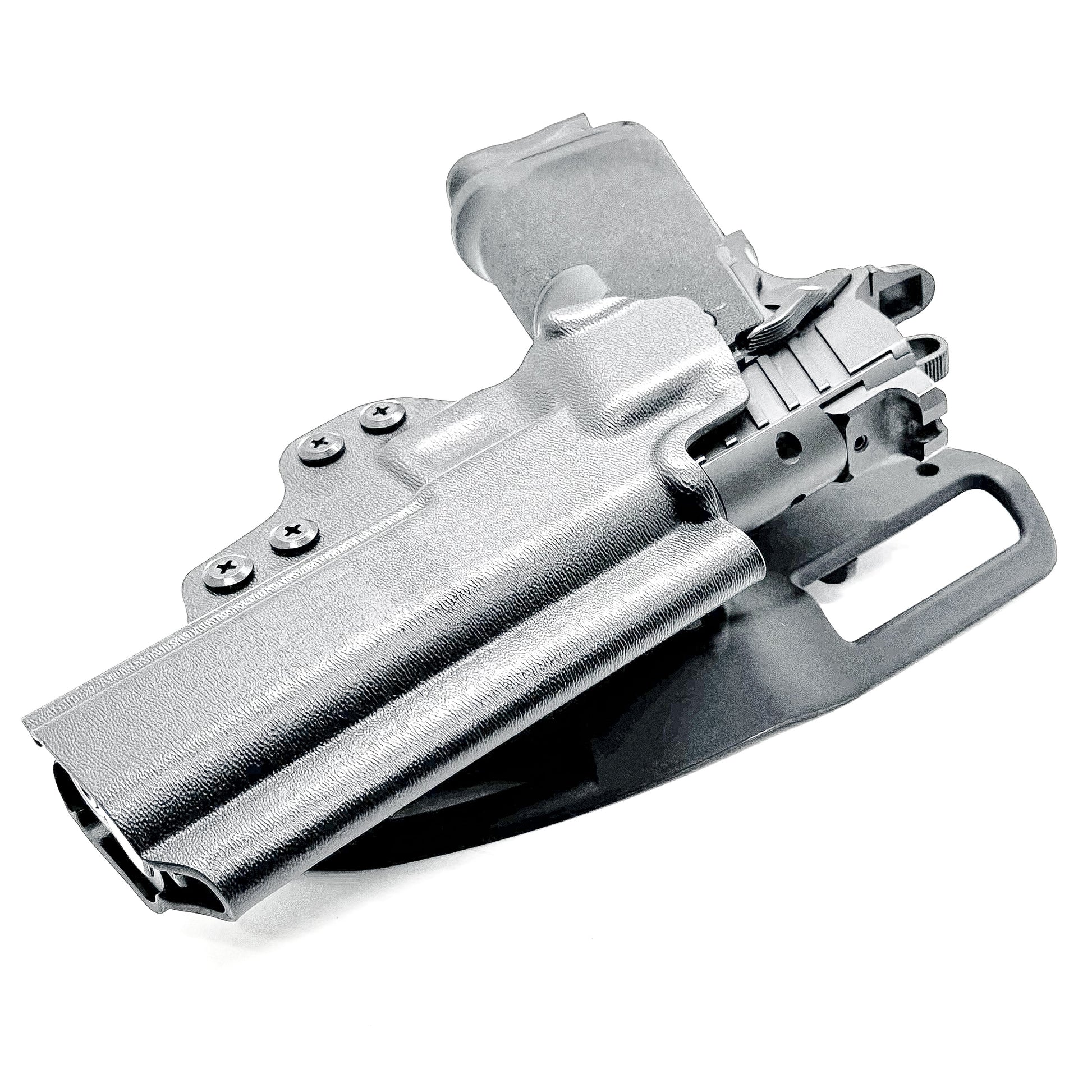 Black OWB competition-style holster for Springfield 1911 DS Prodigy 4.25" & 5". Red dot and suppressor sight compatible, open muzzle, adjustable cant. Made in the USA.