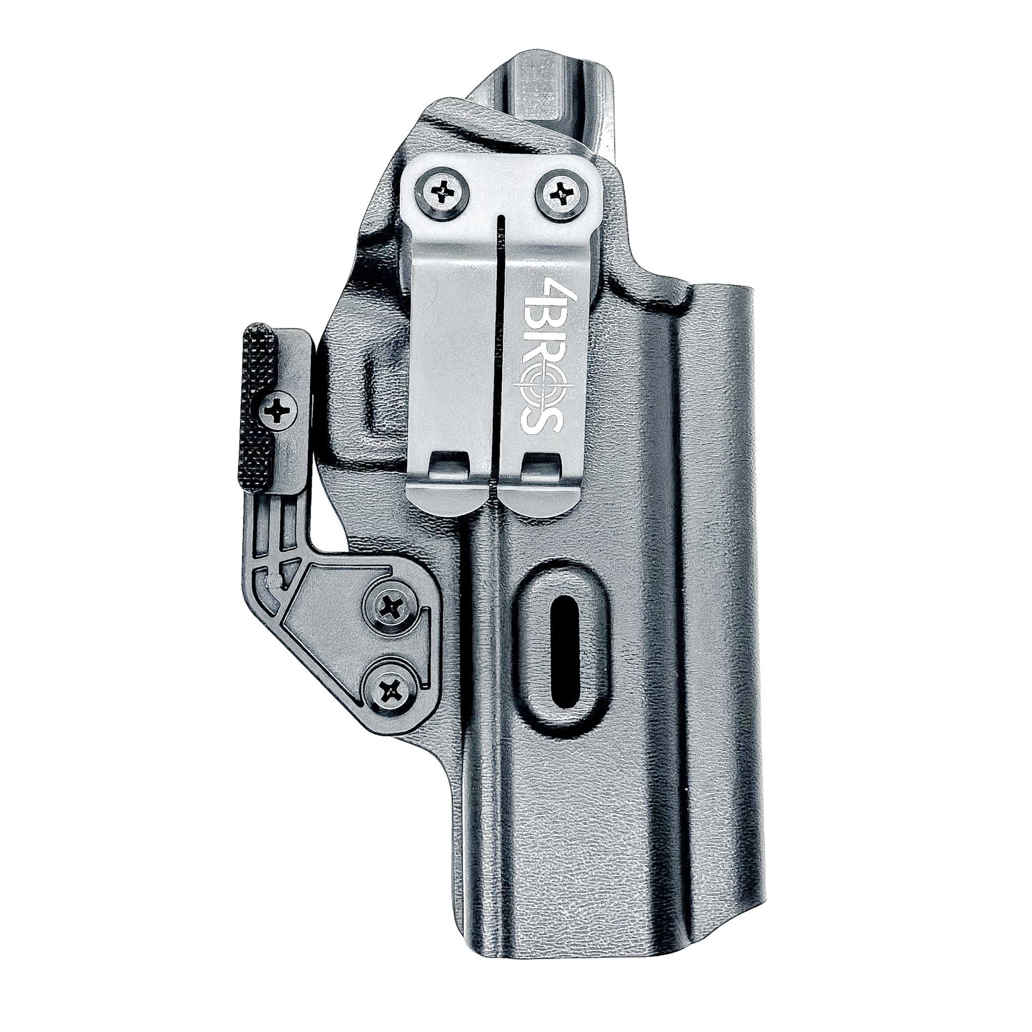 Black Kydex IWB holster for Springfield Prodigy 1911 DS pistol with full sweat guard and adjustable retention, shown with Modwing installed.