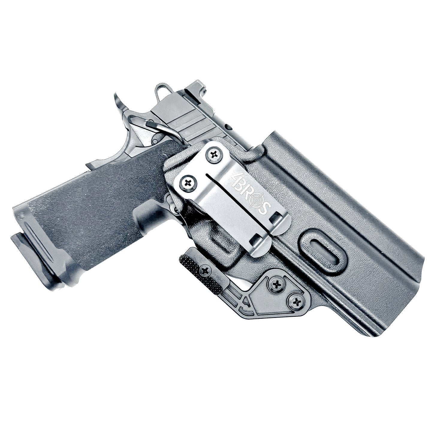 Black Kydex IWB holster for Springfield Prodigy 1911 DS pistol with full sweat guard and adjustable retention, shown with Modwing installed.