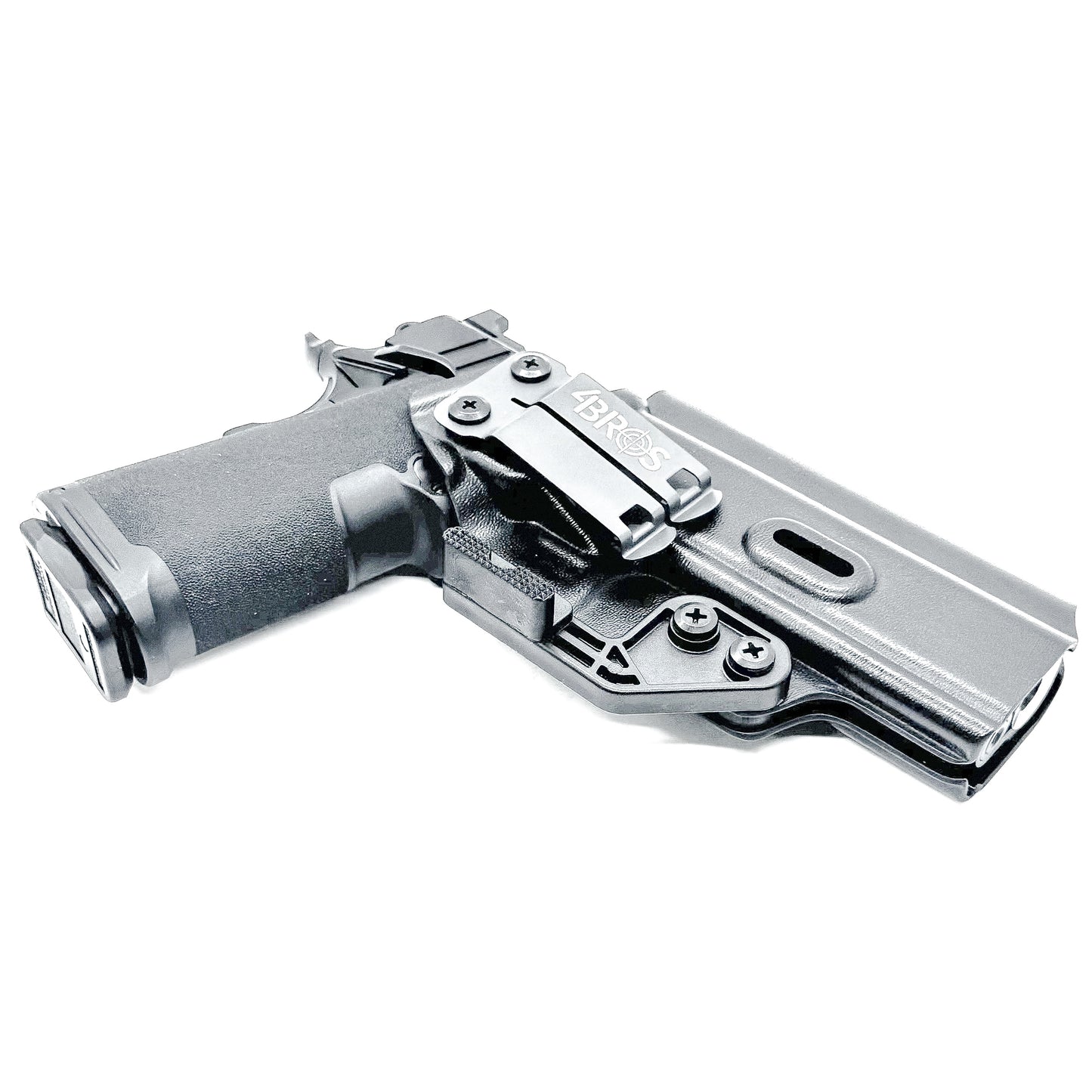 Black Kydex IWB holster for Springfield Prodigy 1911 DS pistol with full sweat guard and adjustable retention, shown with Modwing installed.
