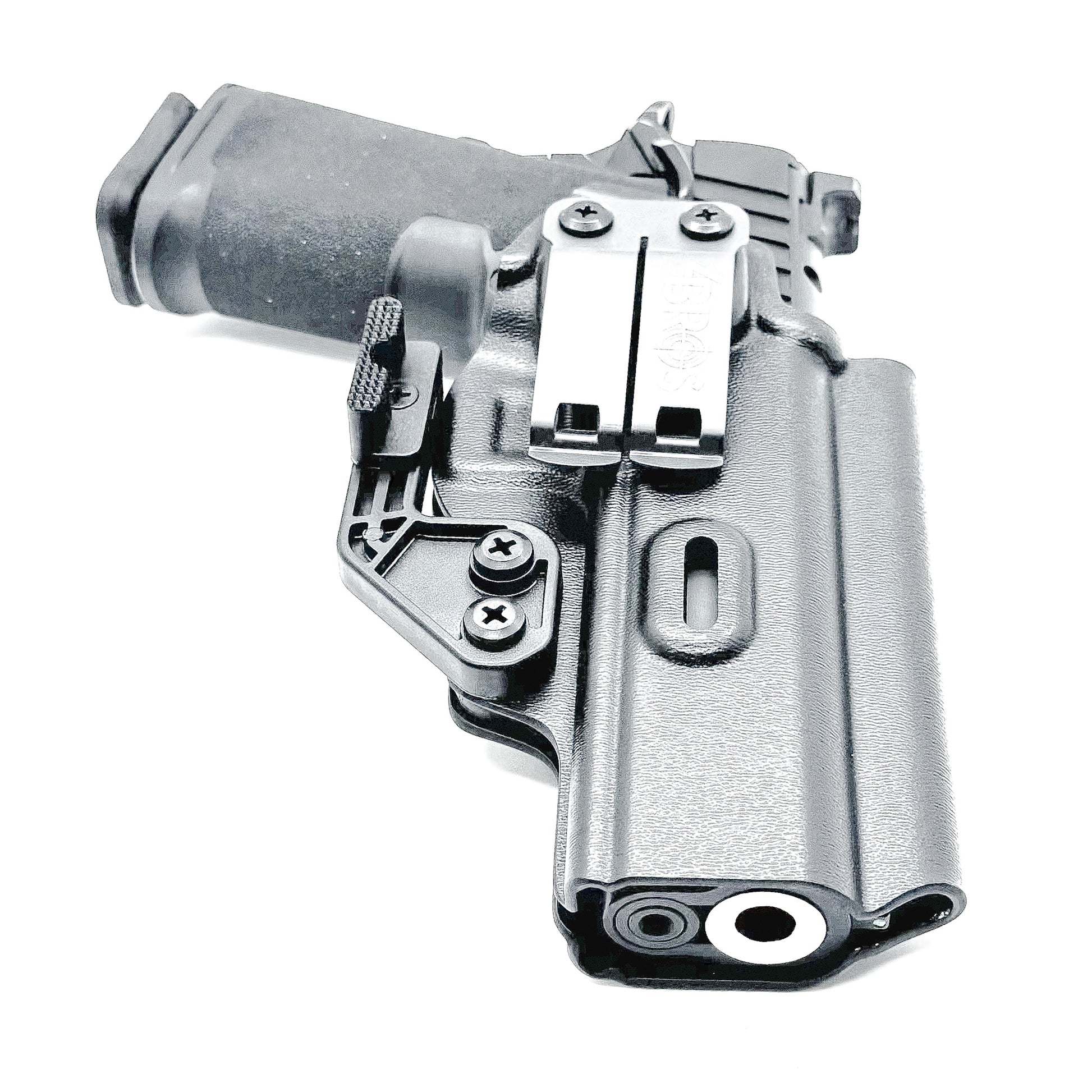 Black Kydex IWB holster for Springfield Prodigy 1911 DS pistol with full sweat guard and adjustable retention, shown with Modwing installed.