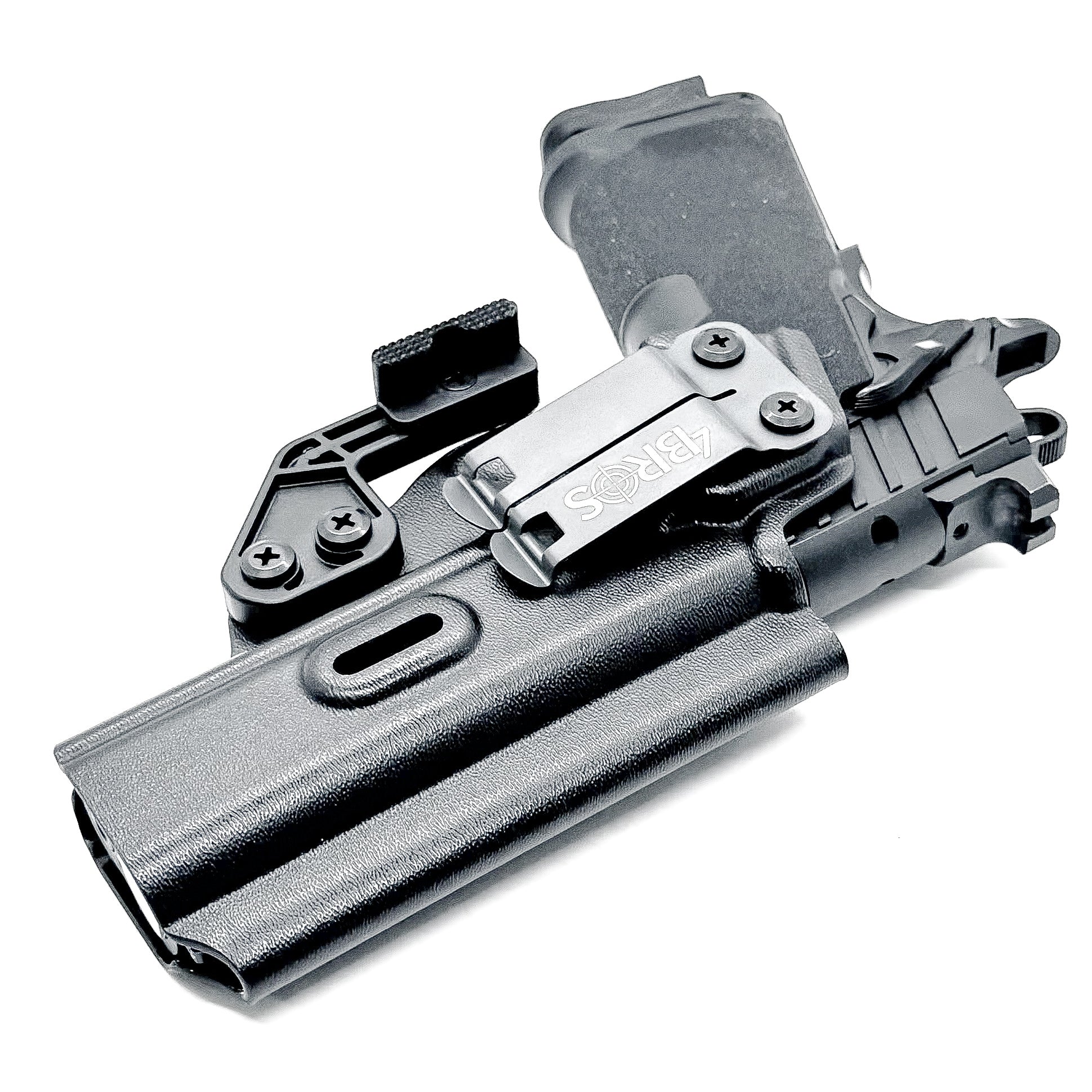 Black Kydex IWB holster for Springfield Prodigy 1911 DS pistol with full sweat guard and adjustable retention, shown with Modwing installed.