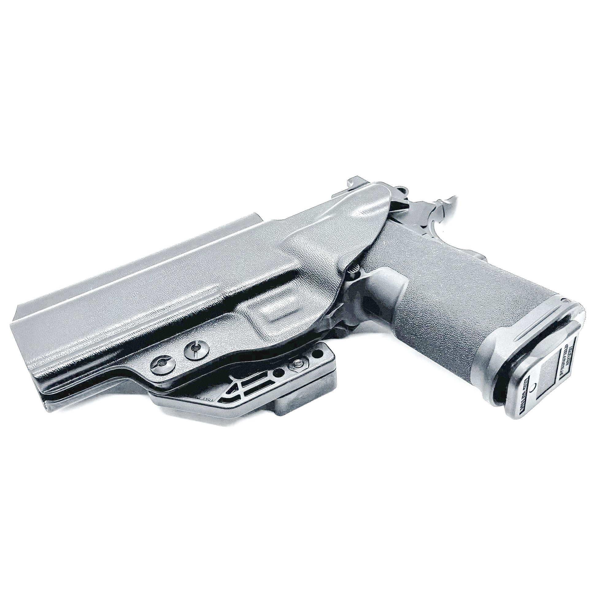 Black Kydex IWB holster for Springfield Prodigy 1911 DS pistol with full sweat guard and adjustable retention, shown with Modwing installed.