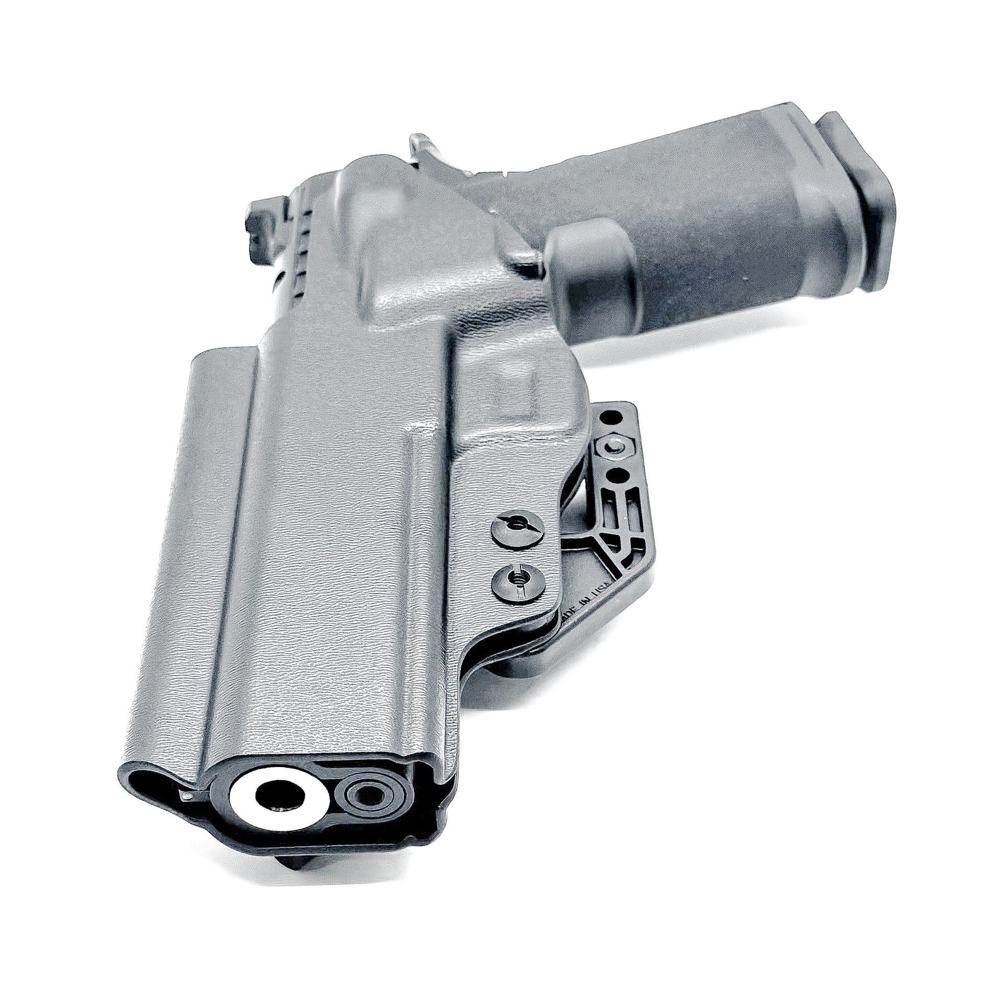 Black Kydex IWB holster for Springfield Prodigy 1911 DS pistol with full sweat guard and adjustable retention, shown with Modwing installed.