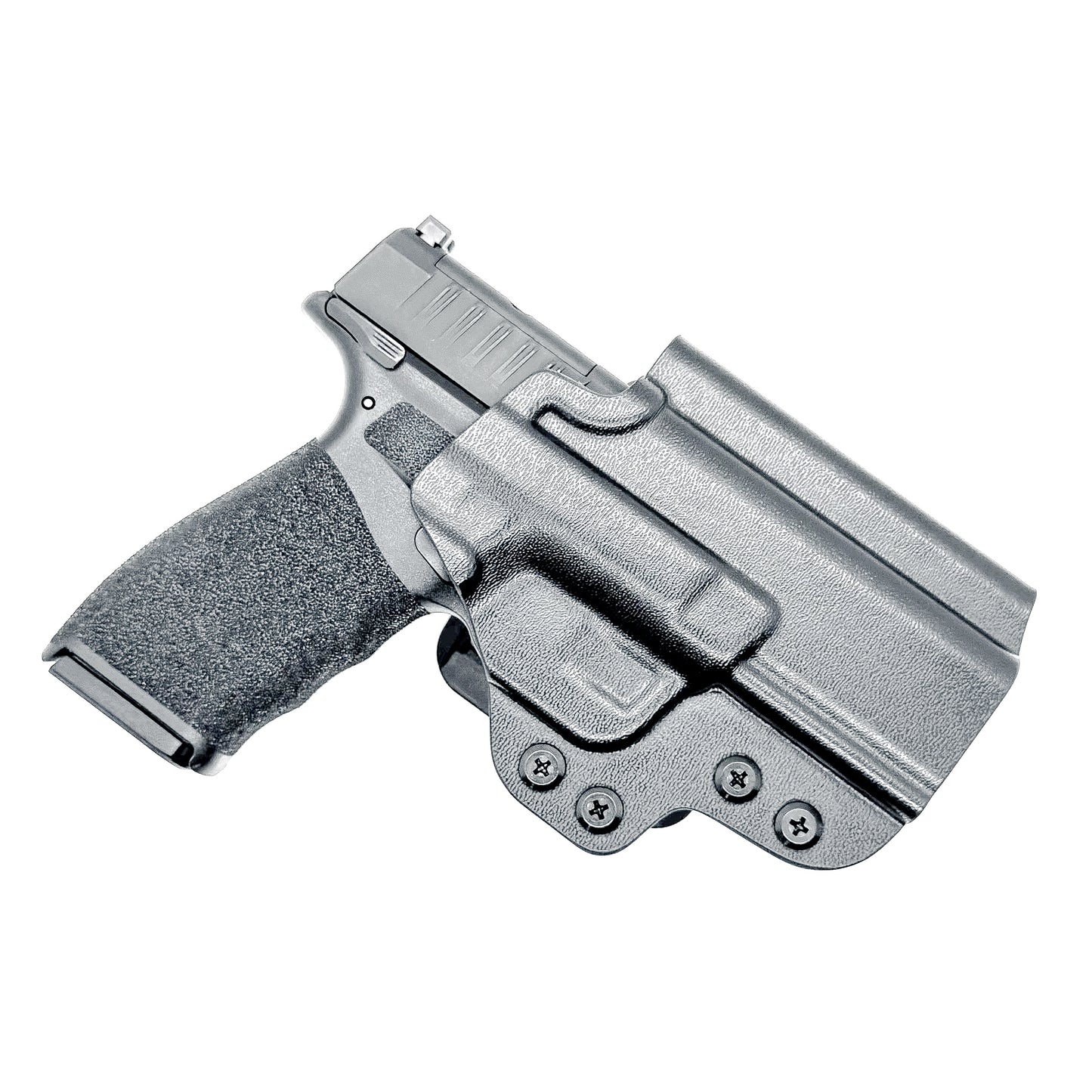 Right-hand OWB holster for Springfield Hellcat Pro with 4BROS 1.5-inch Belt Slide attachment, shown in black Kydex.