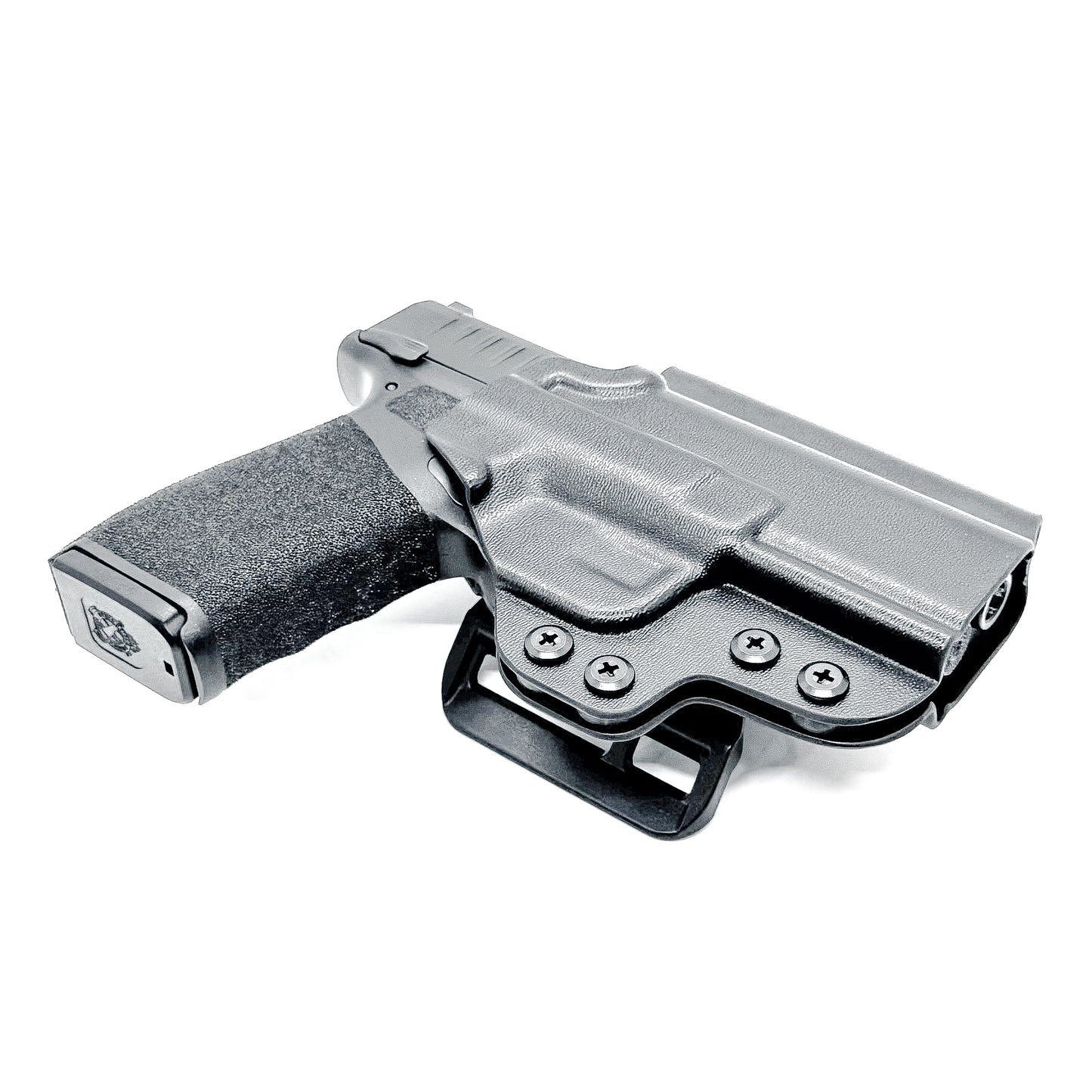 Right-hand OWB holster for Springfield Hellcat Pro with 4BROS 1.5-inch Belt Slide attachment, shown in black Kydex.