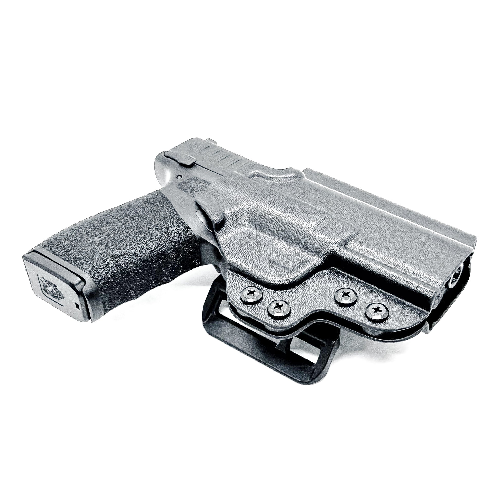 Right-hand OWB holster for Springfield Hellcat Pro with 4BROS 1.5-inch Belt Slide attachment, shown in black Kydex.